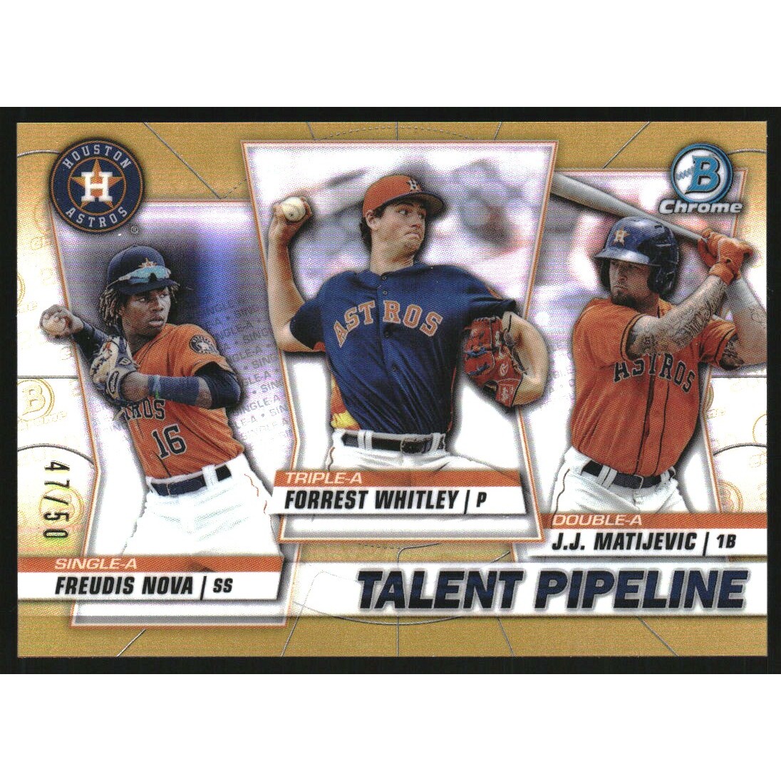 2020 Bowman Chrome Talent Pipeline Gold Refractors #TPHOU Forrest Whitley/J.J. Matijevic/Freudis Nova