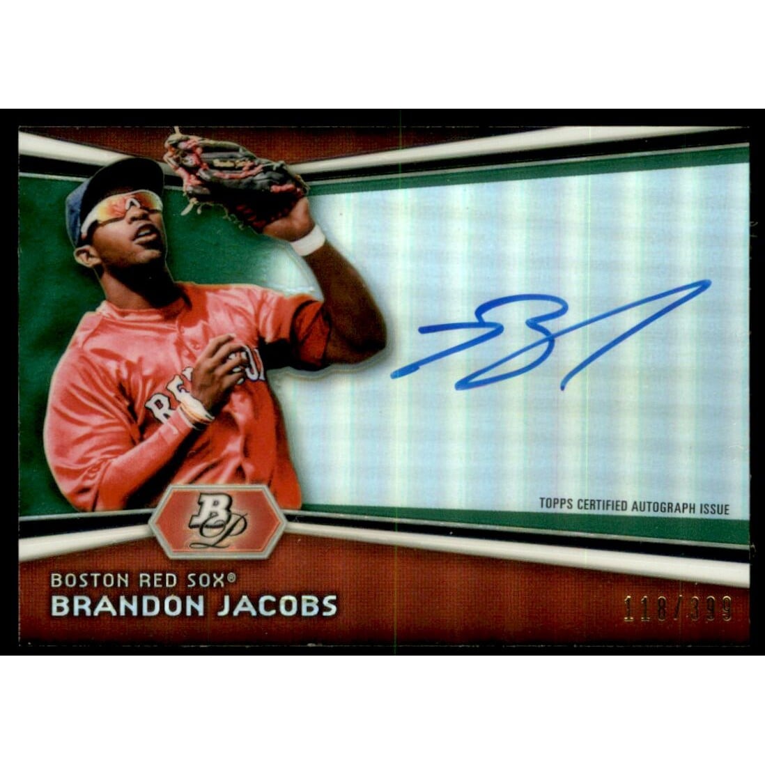 2012 Bowman Platinum Prospect Autographs Green Refractors #BJ Brandon Jacobs. rookie card picture