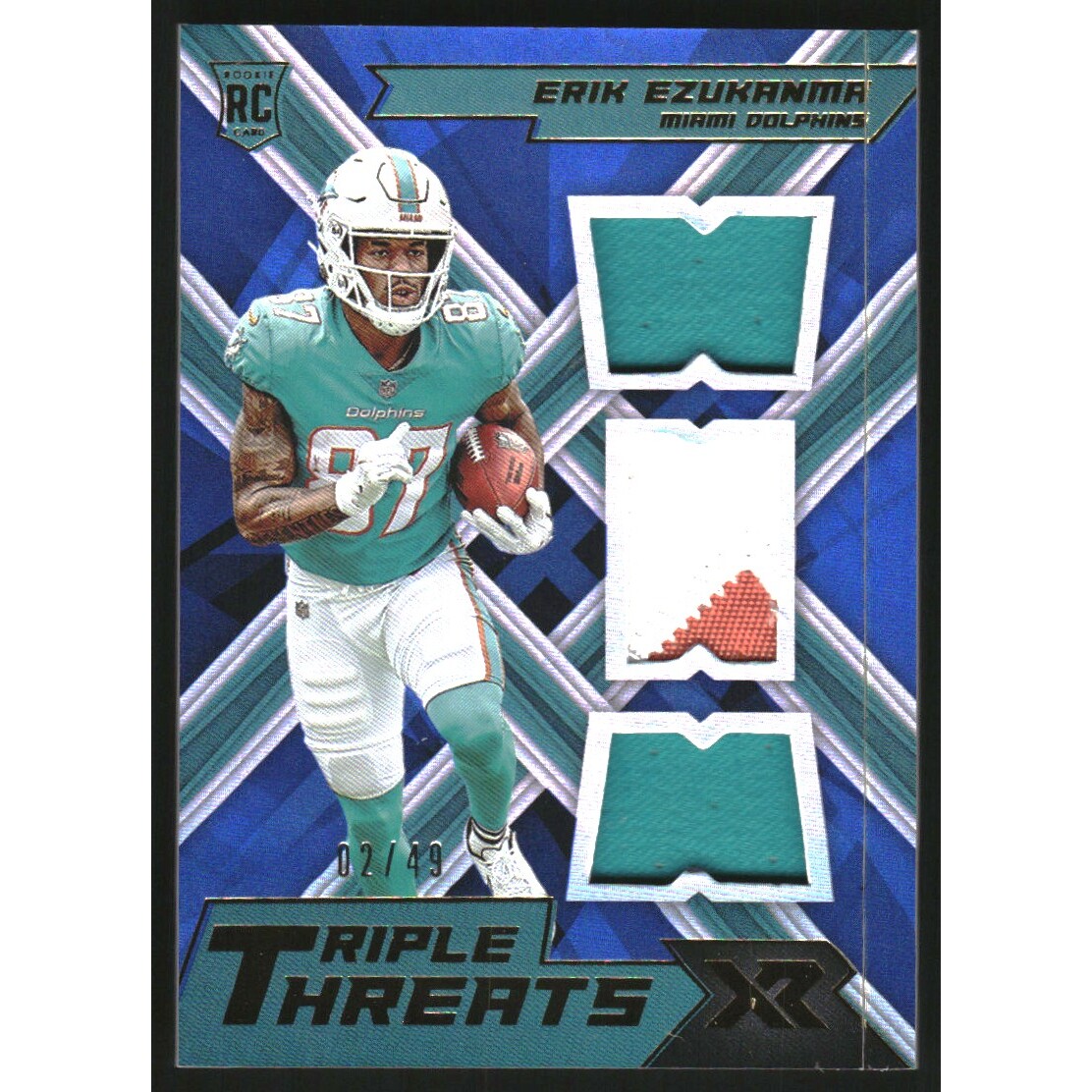 2022 Panini XR Rookie Triple Threats Materials Blue #39 Erik Ezukanma. rookie card picture