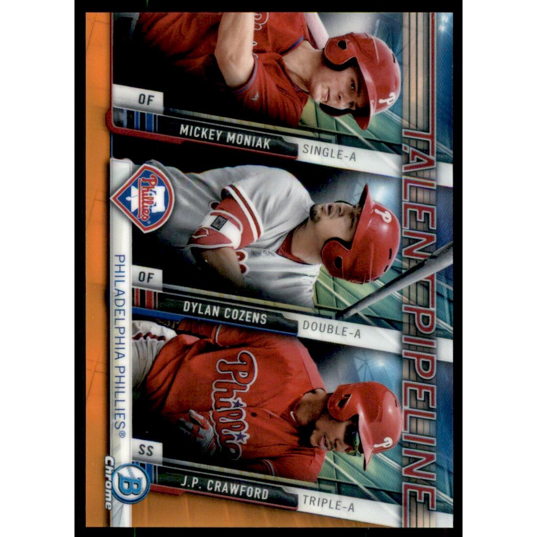 2017 Bowman Chrome Talent Pipeline Orange Refractors #TPPHI Mickey Moniak/Dylan Cozens/J.P. Crawford. rookie card picture