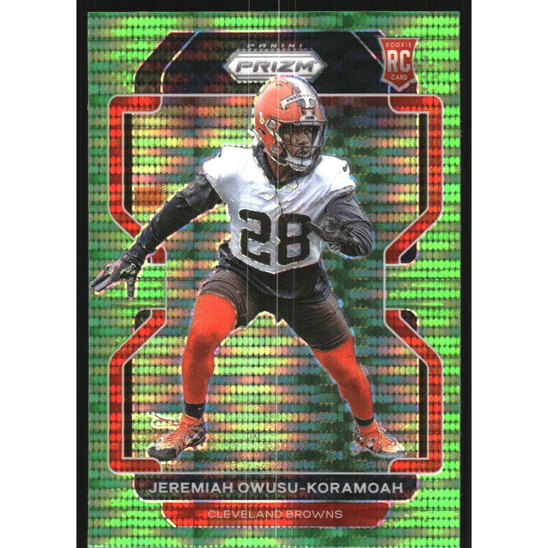 2021 Panini Prizm Prizms Neon Green Pulsar #389 Jeremiah Owusu-Koramoah. rookie card picture