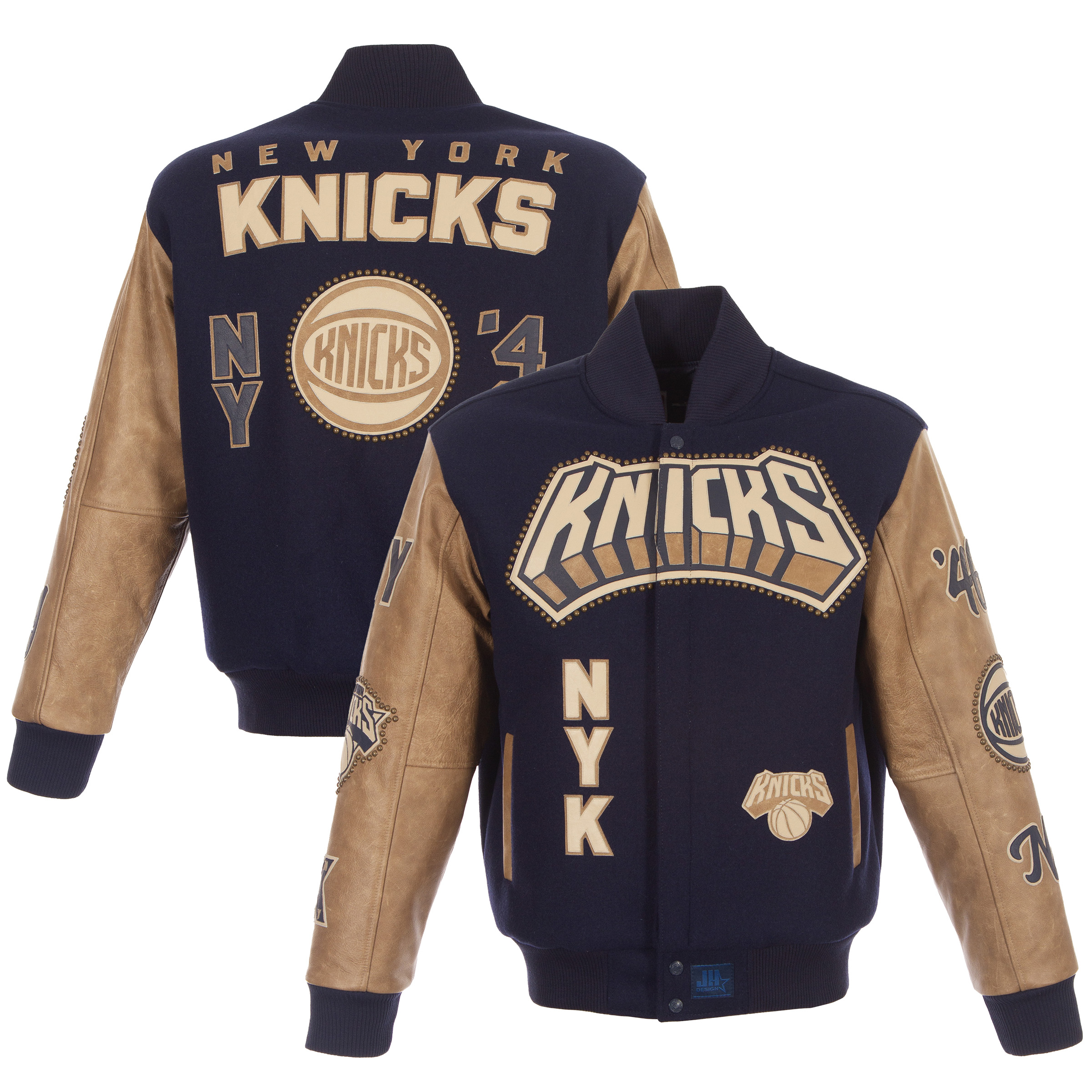 Men's JH Design Navy/Tan New York Knicks Full-Snap Wool & Leather Jacket
