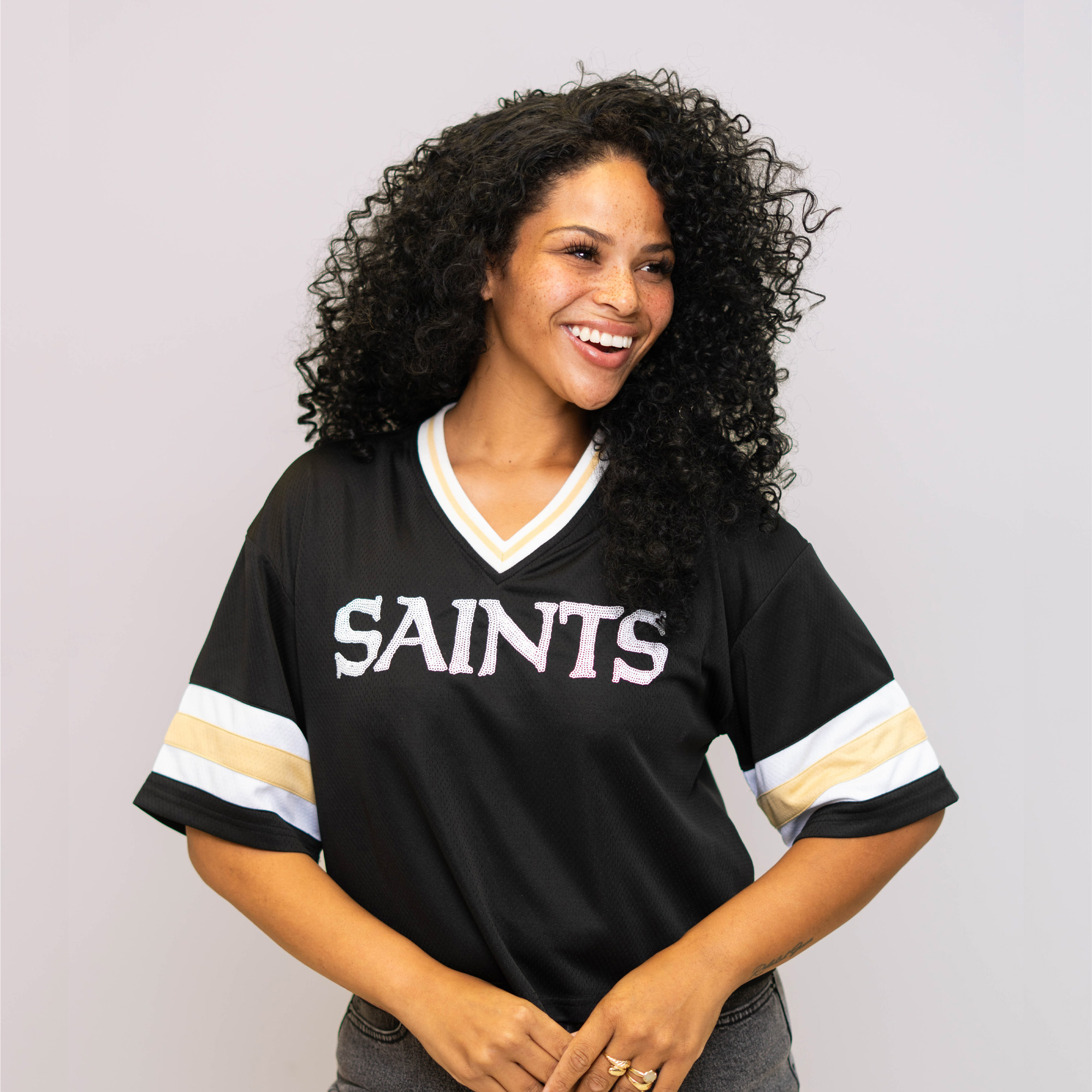 Women's Bomb Designs Black New Orleans Saints 60th Anniversary Mesh Cropped T-Shirt