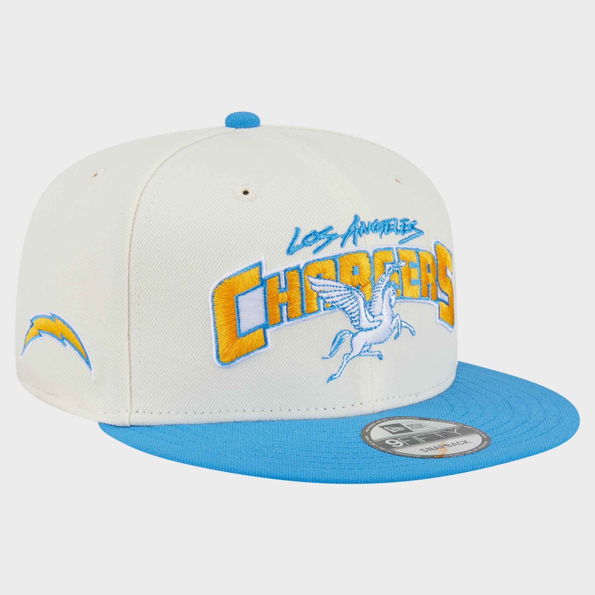 Men's Disney x New Era Cream/Powder Blue Los Angeles Chargers Hercules & Pegasus 9FIFTY Snapback Hat
