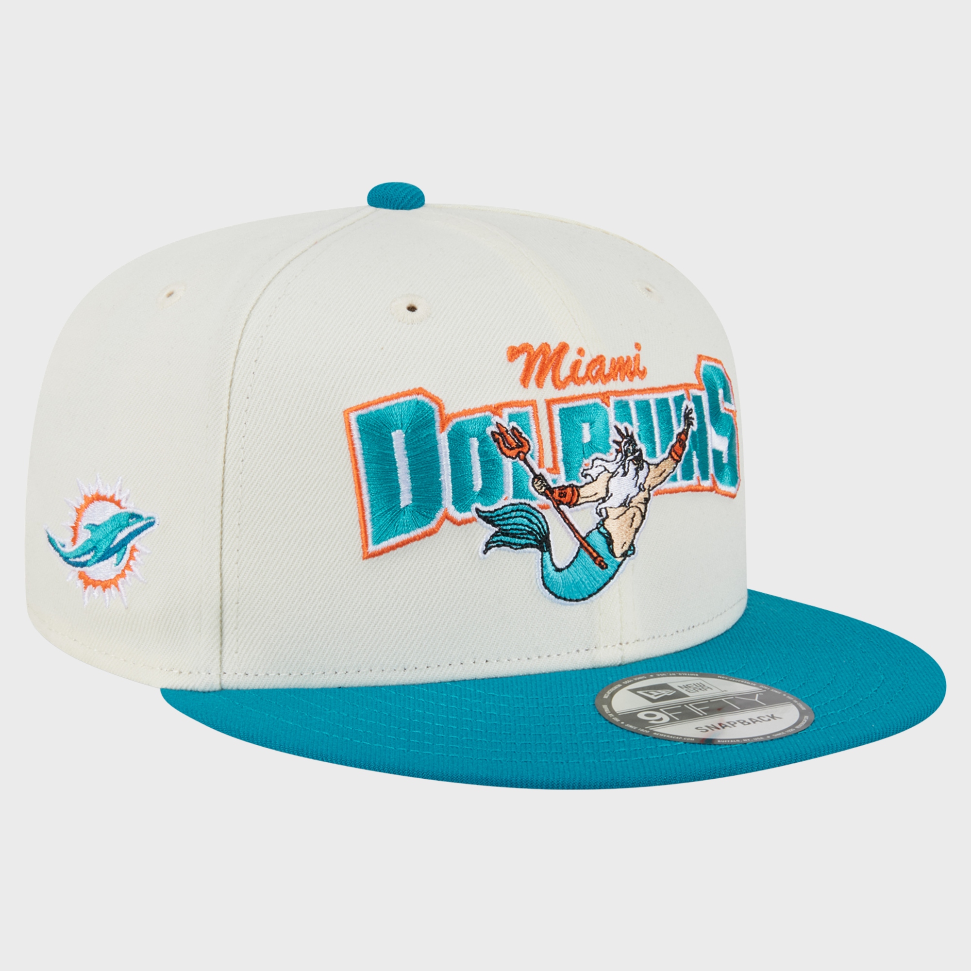 Men's Disney x New Era Cream/Aqua Miami Dolphins King Triton 9FIFTY Snapback Hat