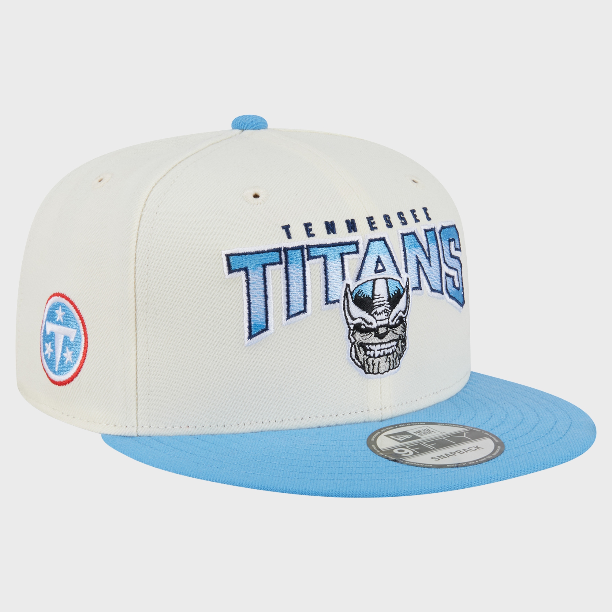 Men's Disney x New Era Cream/Light Blue Tennessee Titans Thanos 9FIFTY Snapback Hat