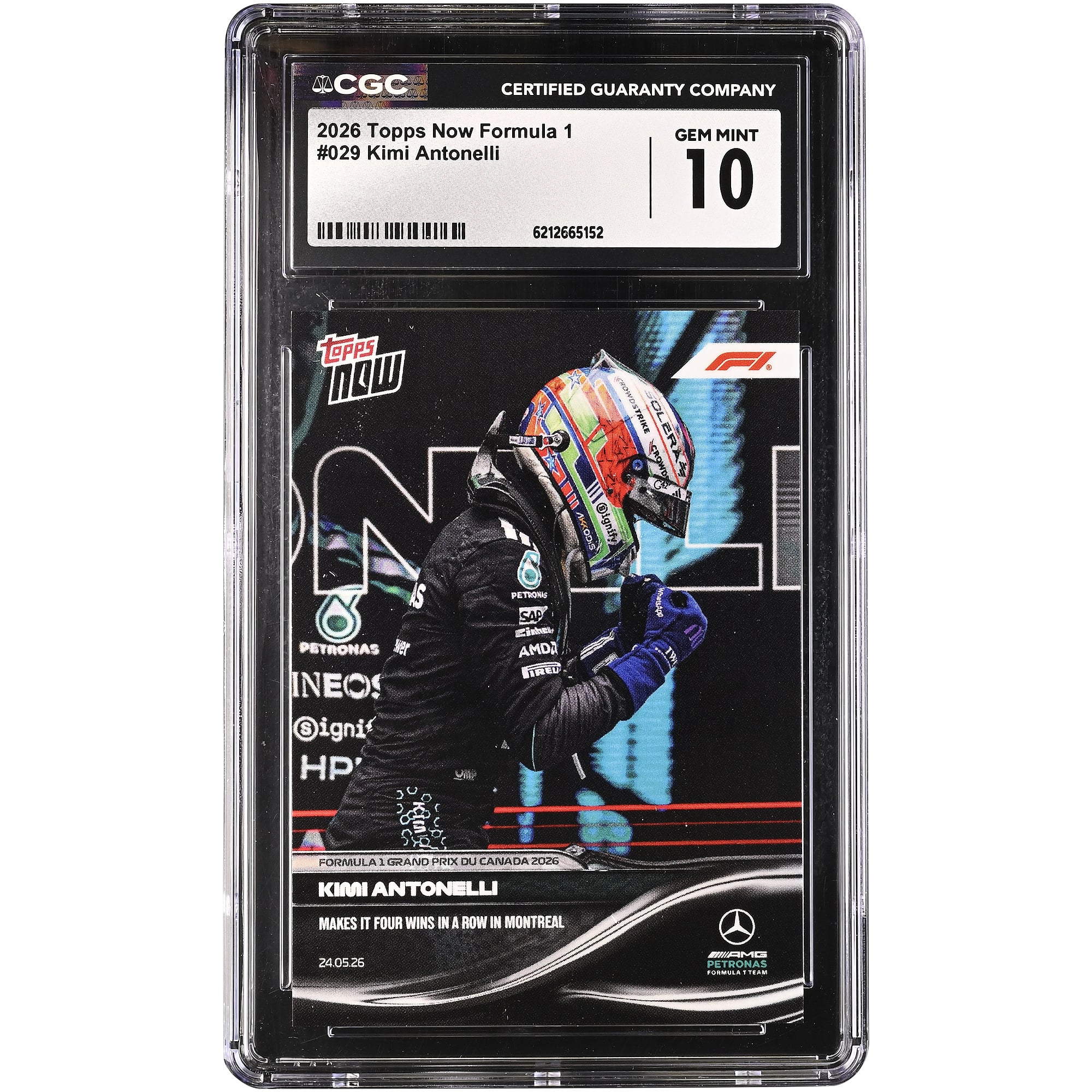 Kimi Antonelli Mercedes-AMG Petronas F1 Team 2026 Topps Now Formula 1 Makes it Four Wins in a Row in Montreal #29 CGC Authenticated GEM MINT 10 Card