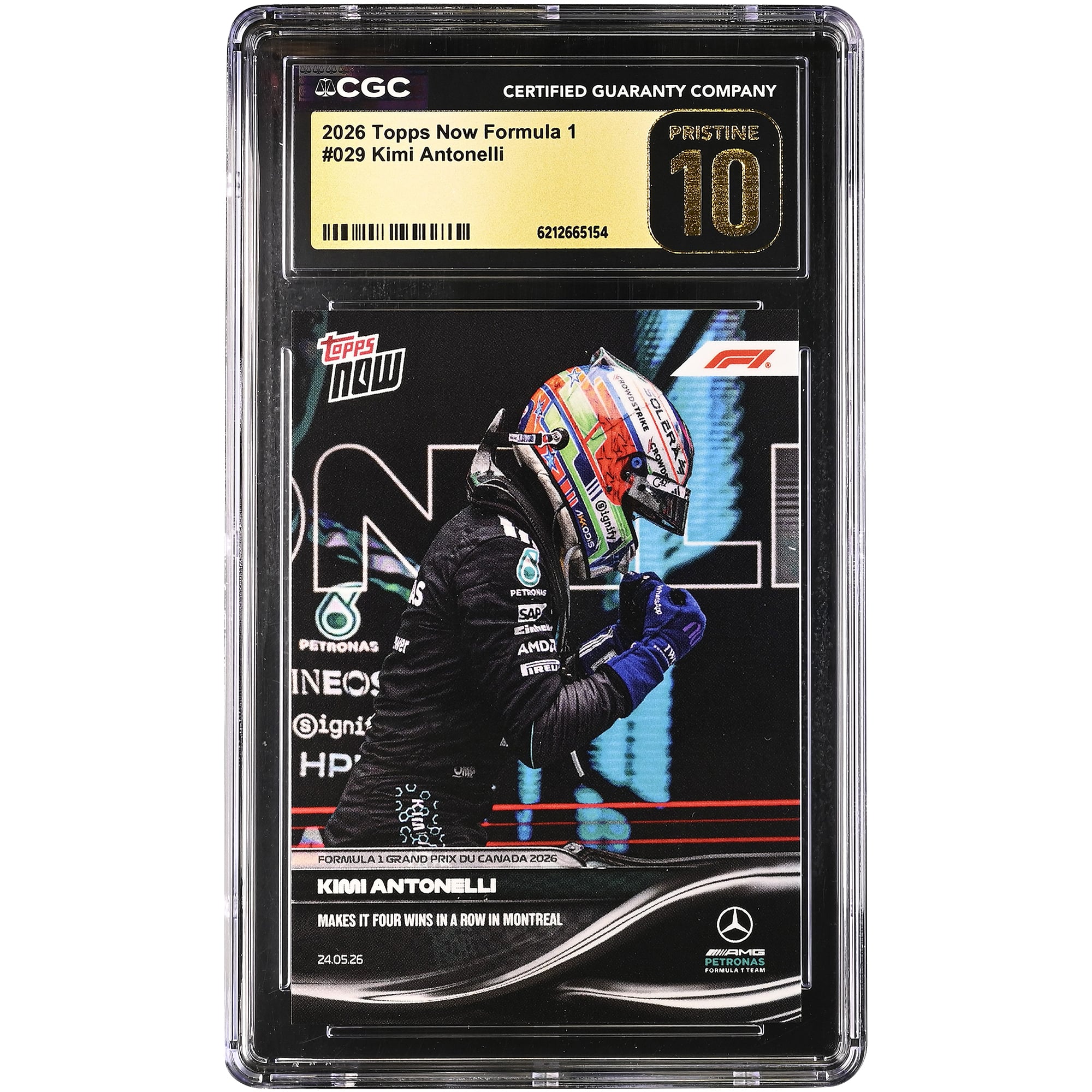 Kimi Antonelli Mercedes-AMG Petronas F1 Team 2026 Topps Now Formula 1 Makes it Four Wins in a Row in Montreal #29 CGC Authenticated PRISTINE 10 Card