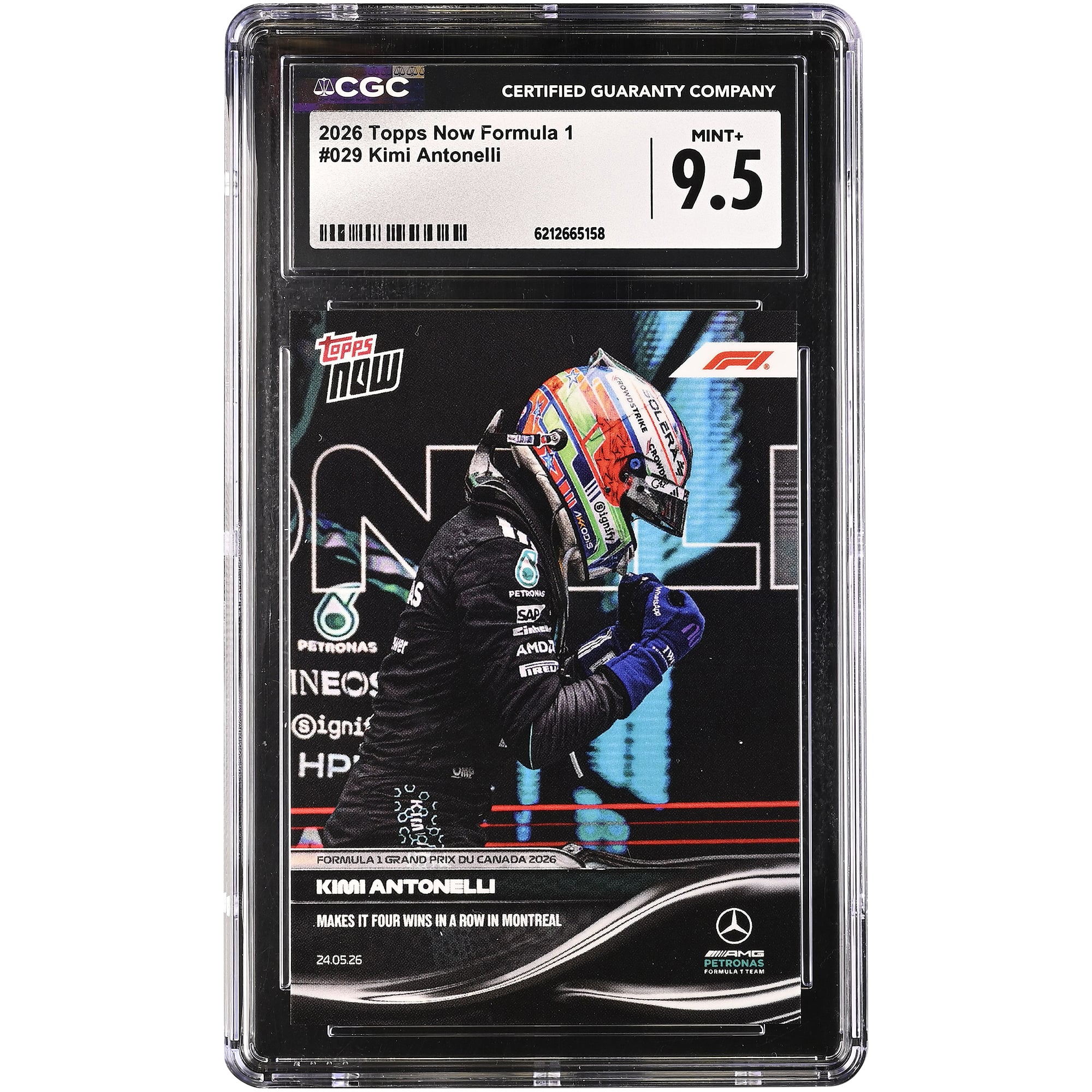 Kimi Antonelli Mercedes-AMG Petronas F1 Team 2026 Topps Now Formula 1 Makes it Four Wins in a Row in Montreal #29 CGC Authenticated MINT+ 9.5 Card