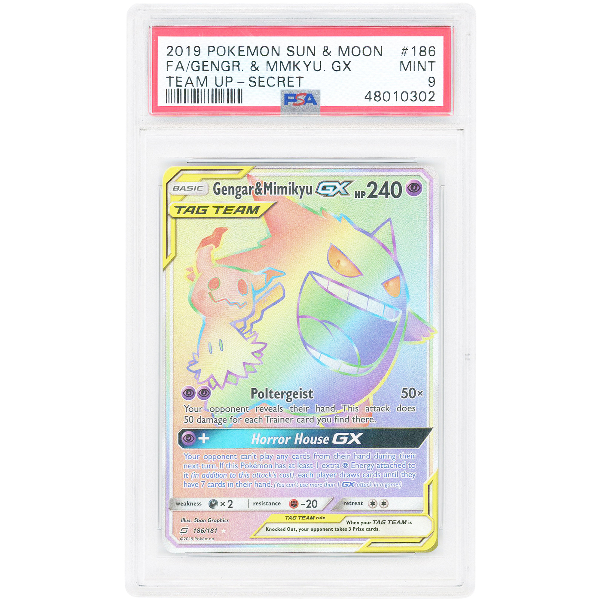 Gengar & Mimikyu GX 2019 Pokemon Team Up Secret Rare #186 PSA Authenticated 9 Card