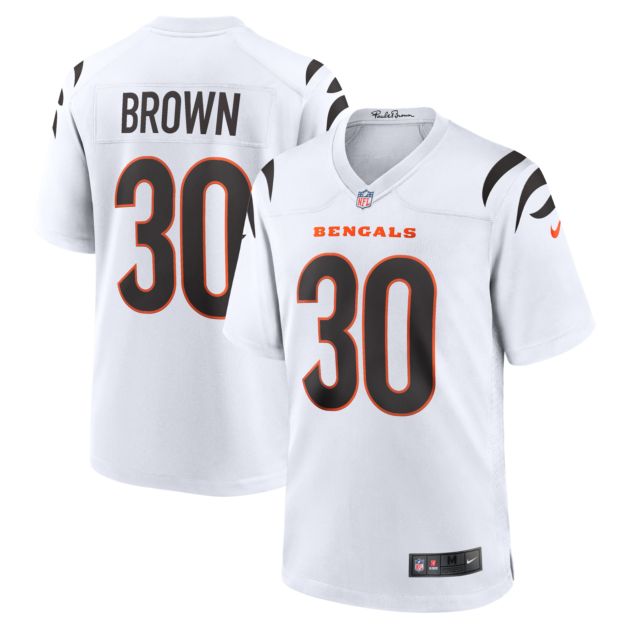 Camiseta Nike Game de la 2ª equipación del Cincinnati Bengals - Blanco - Chase Brown - Hombre: retailer-supplied image