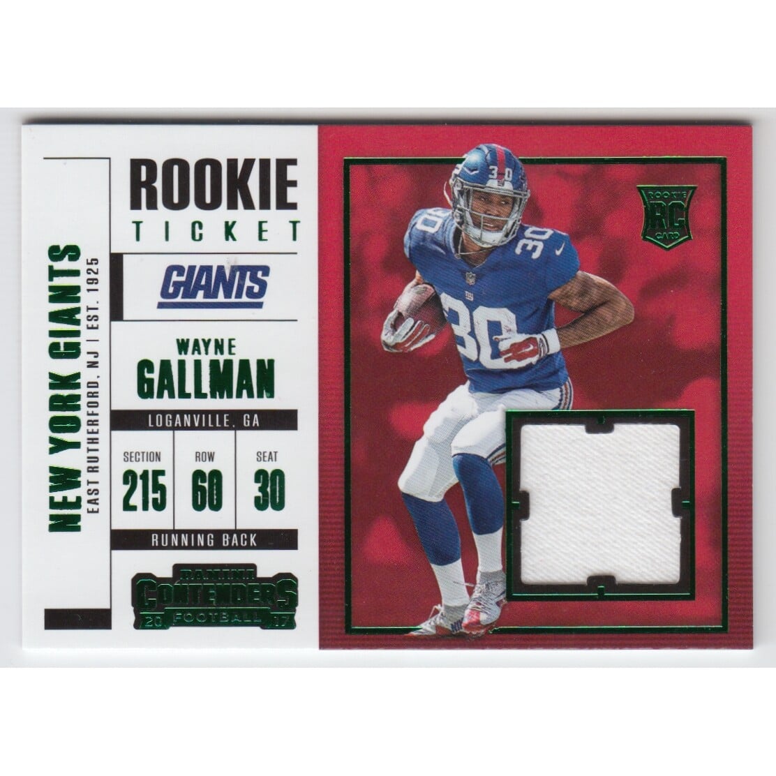 2017 Panini Contenders Rookie Ticket Swatches Variation #SW16 Wayne Gallman. rookie card picture