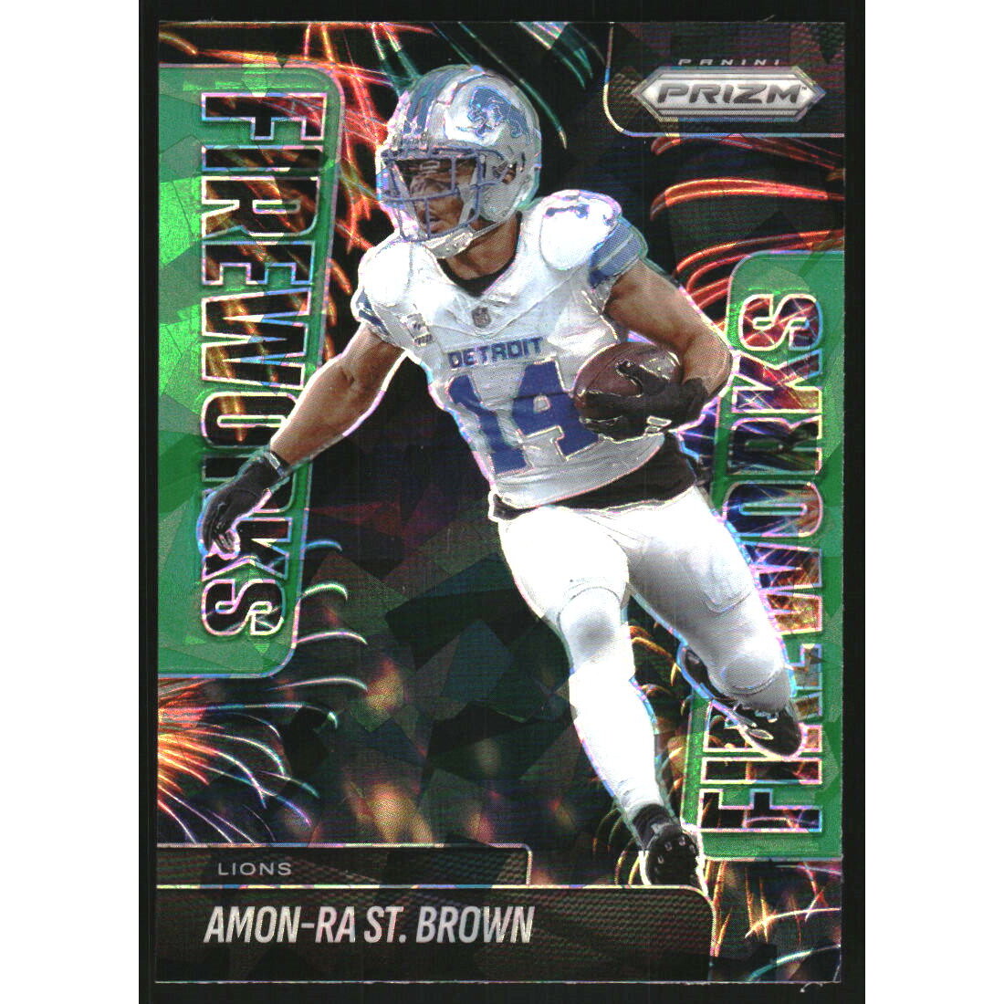 2025 Panini Prizm Fireworks Prizms Green Ice #16 Amon-Ra St. Brown
