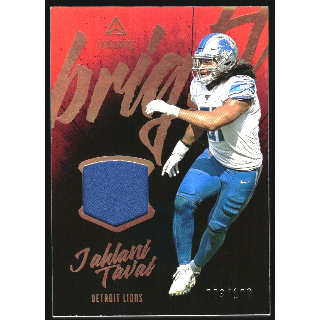 2020 Panini Luminance Bright Beginnings Jerseys Gold #BB17 Jahlani Tavai. rookie card picture