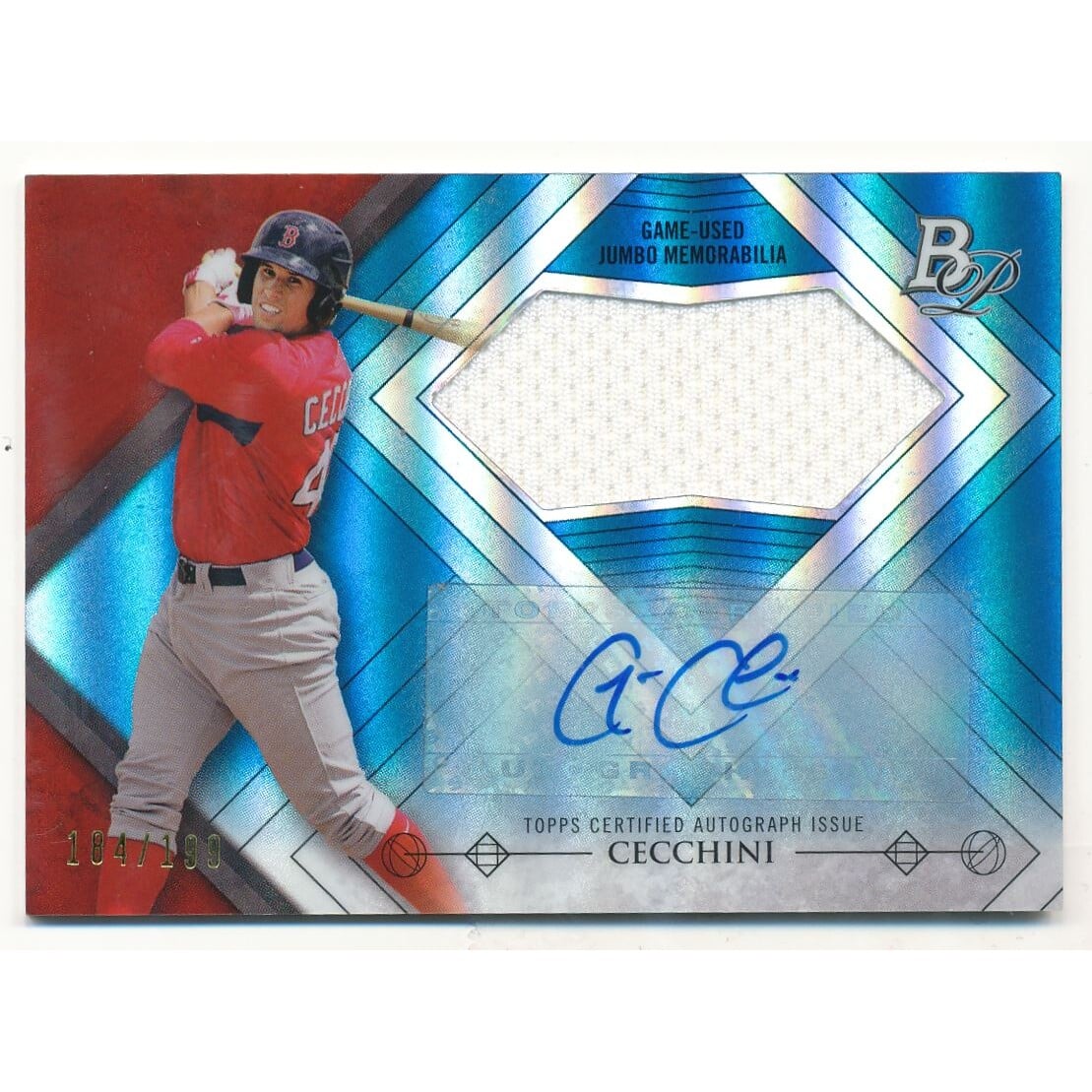 2014 Bowman Platinum Jumbo Relic Autographs Blue Refractors #AJRGC Garin Cecchini