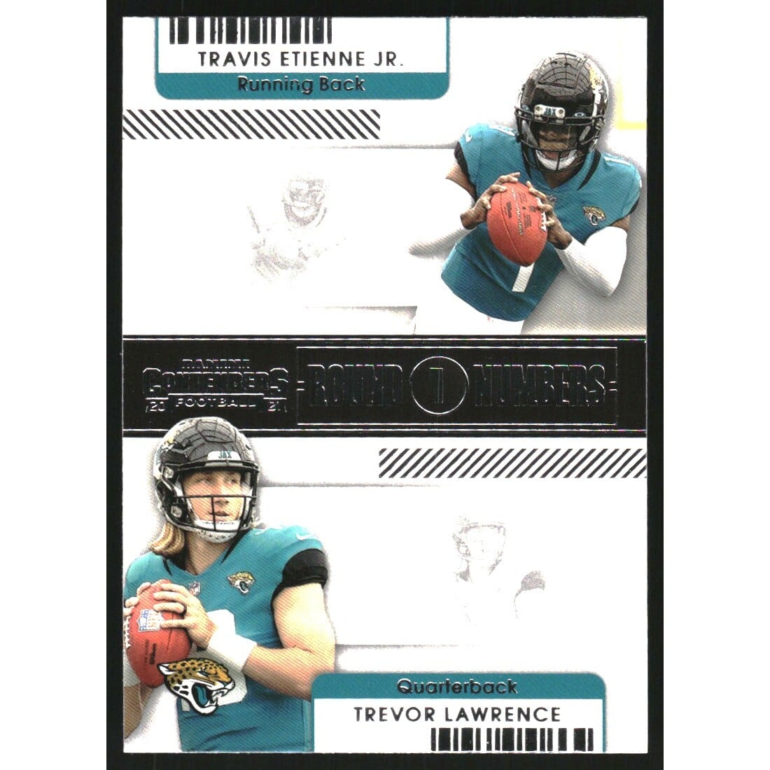 2021 Panini Contenders Round Numbers #1 Travis Etienne Jr./Trevor Lawrence. rookie card picture