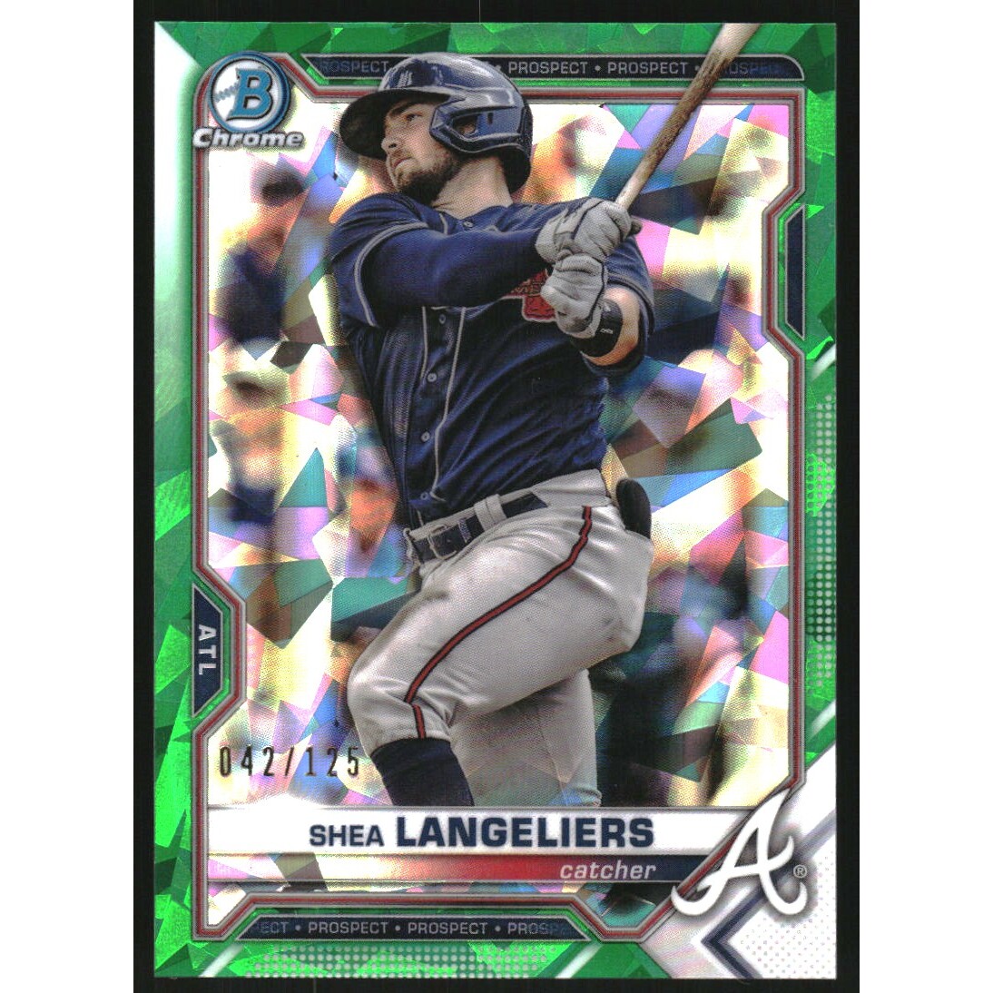 2021 Bowman Chrome Sapphire Prospects Green Refractors #BCP28 Shea Langeliers. rookie card picture