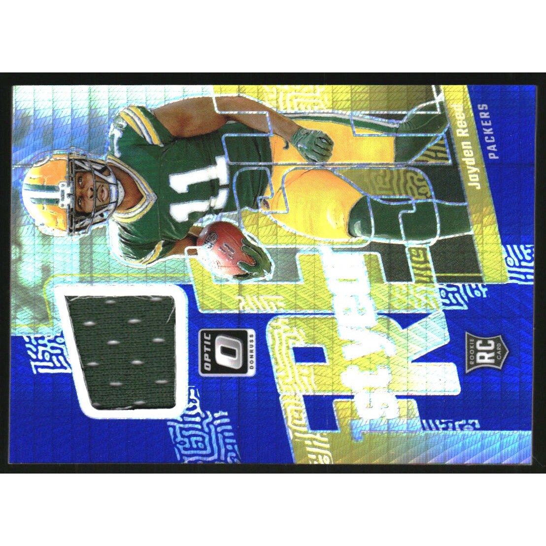 2023 Donruss Optic First Year Fresh Jerseys Blue Hyper #19 Jayden Reed. rookie card picture