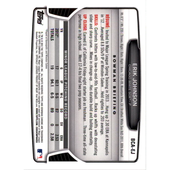 2013 Bowman Chrome Draft Draft Pick Autographs #EJ Eric Jagielo. rookie card picture