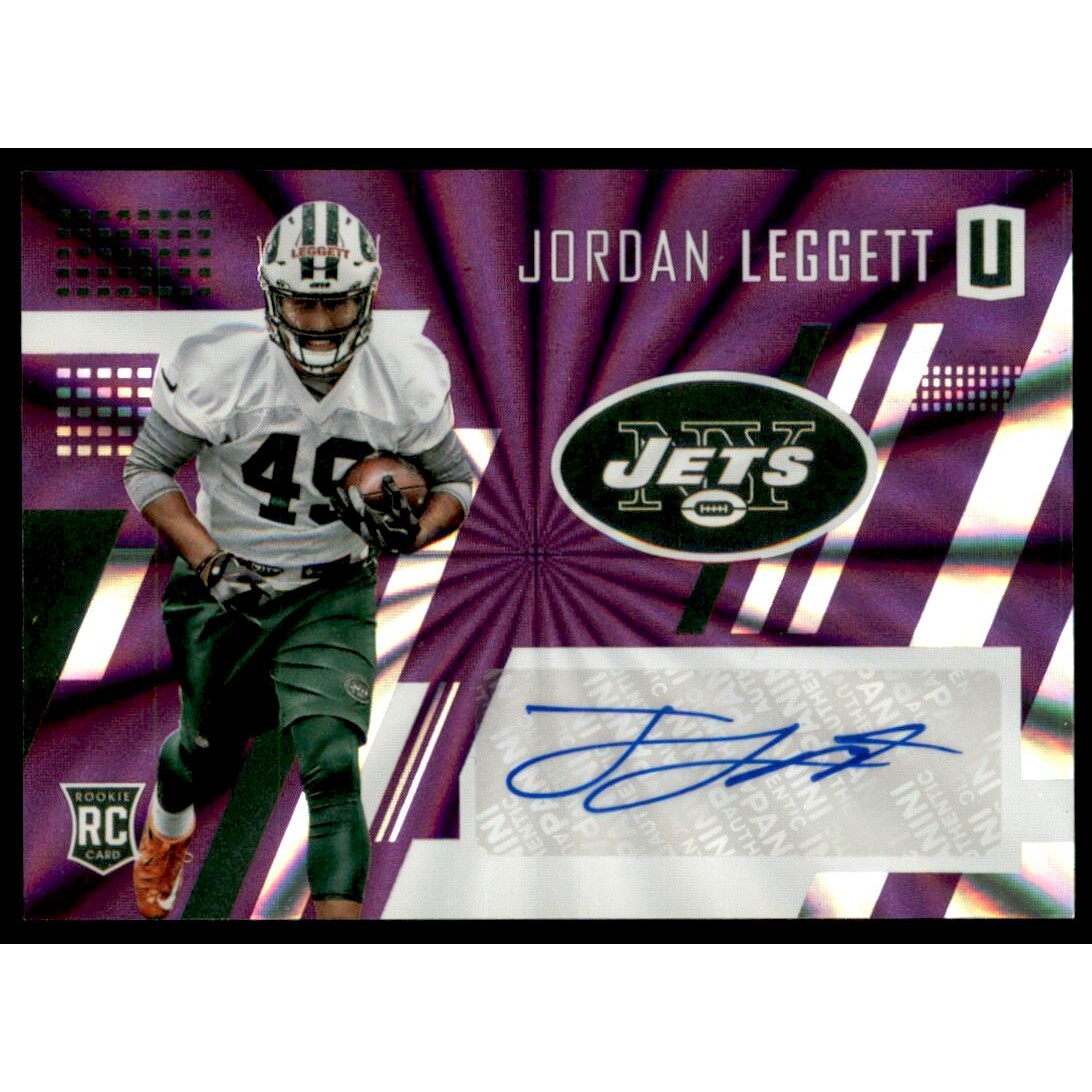 2017 Panini Unparalleled Rookie Autographs Purple #213 Jordan Leggett/99. rookie card picture