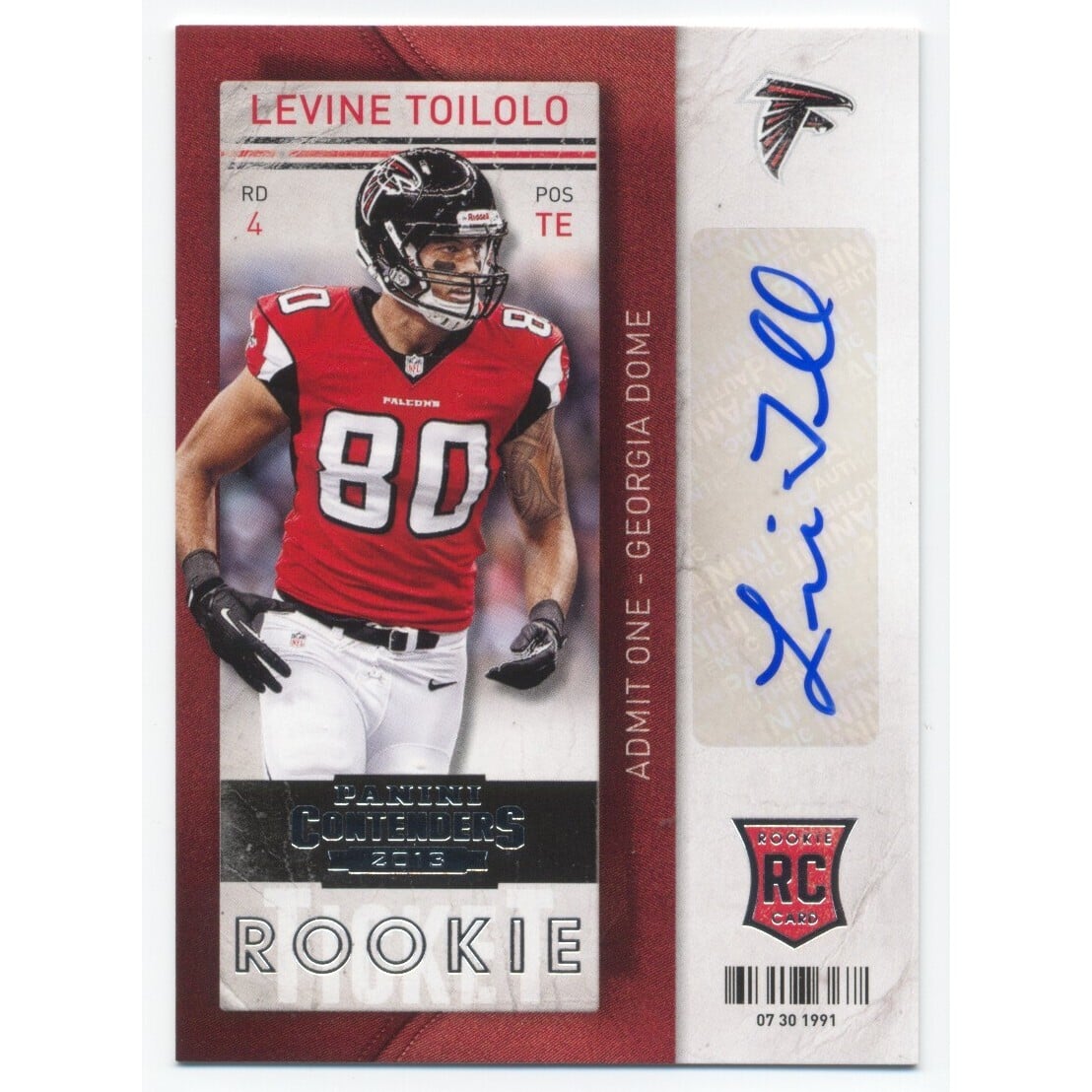 2013 Panini Contenders #160A Levine Toilolo AU RC. rookie card picture