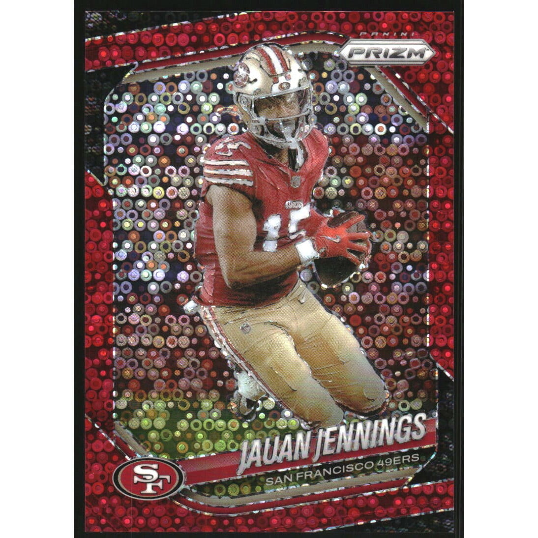 2025 Panini Prizm Prizms No Huddle Red #258 Jauan Jennings. rookie card picture