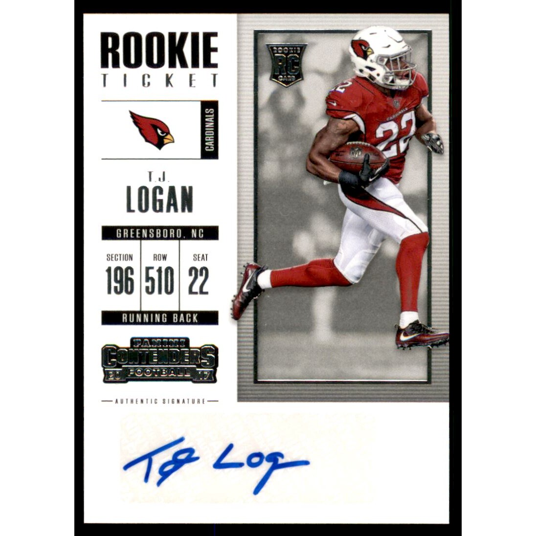 2017 Panini Contenders #174 T.J. Logan AU RC
