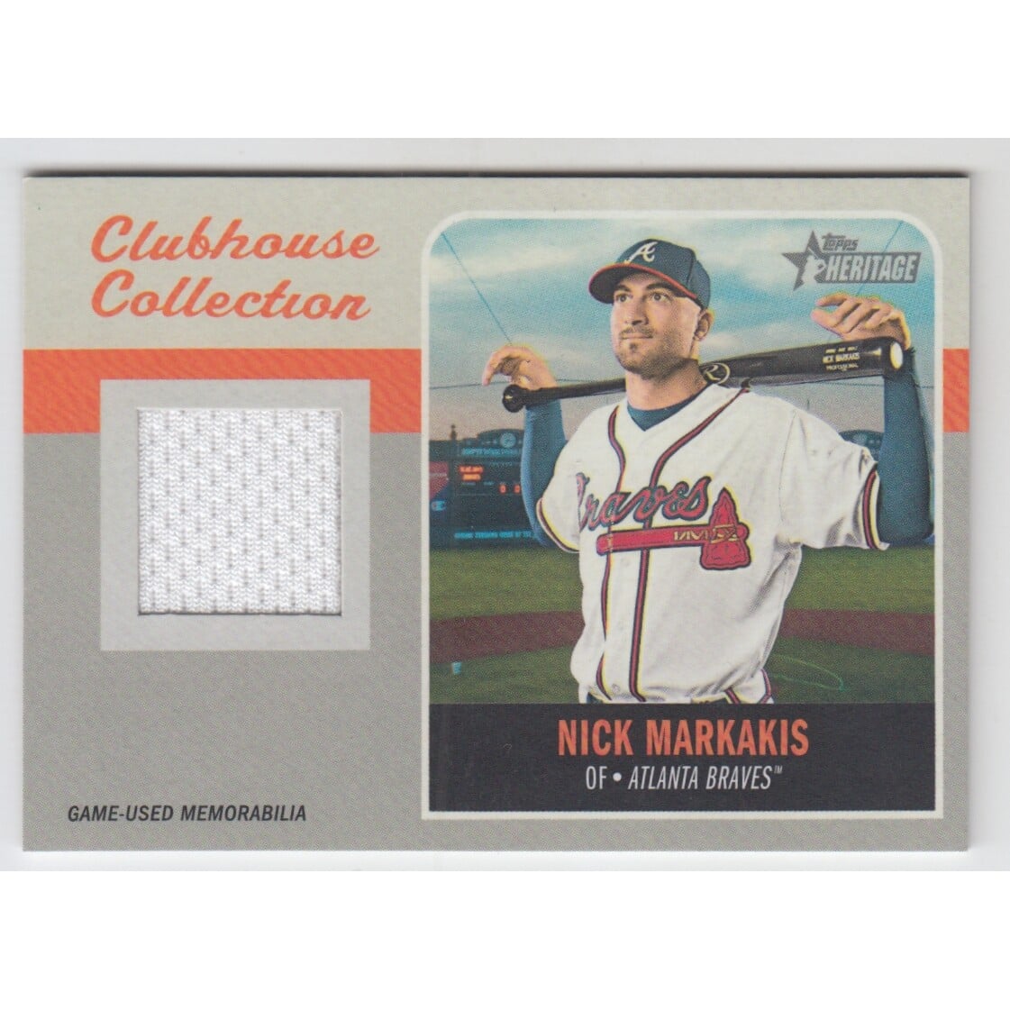 2019 Topps Heritage Clubhouse Collection Relics #CCRNM Nick Markakis. rookie card picture