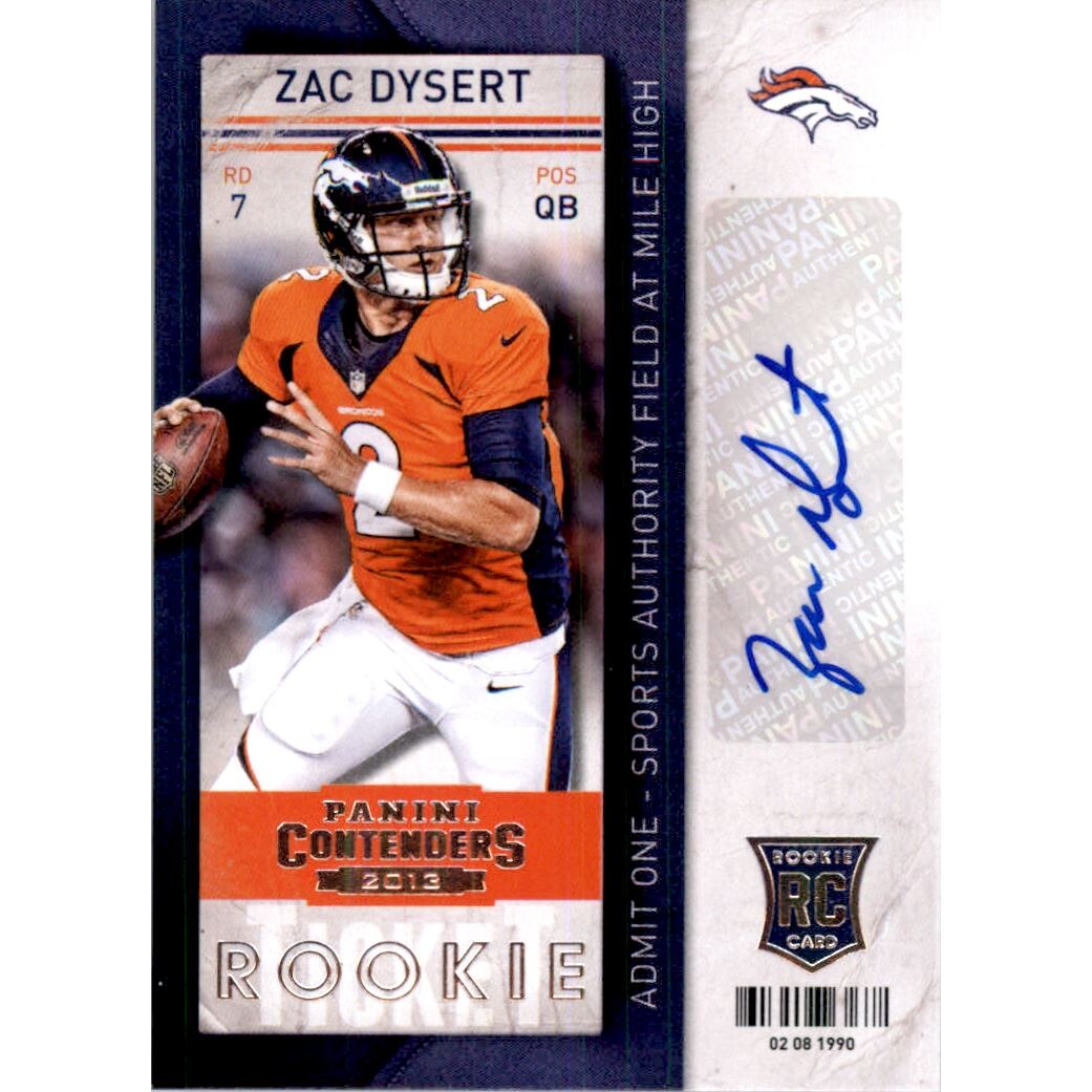 2013 Panini Contenders #191A Zac Dysert AU RC/(dropping back). rookie card picture