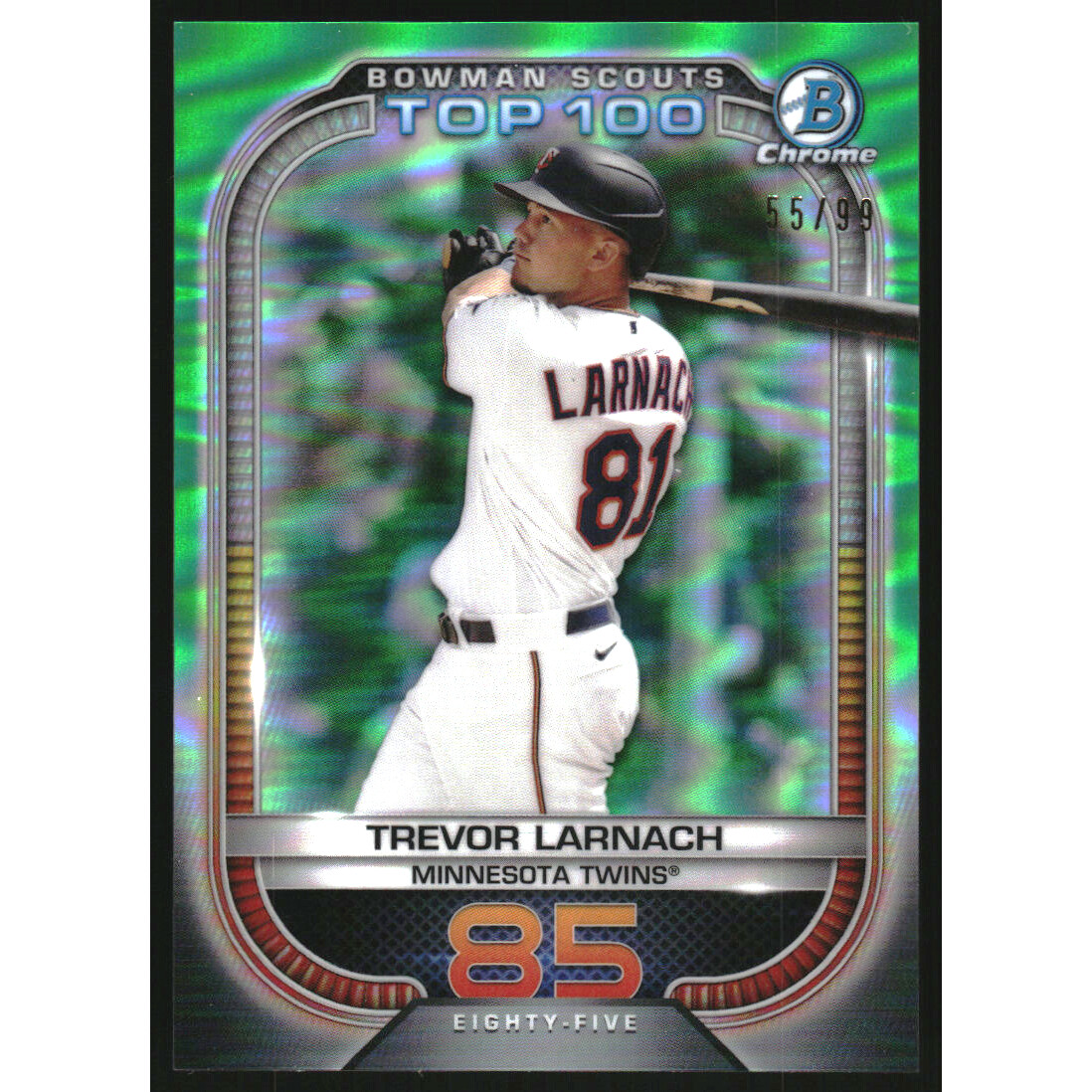 2021 Bowman Chrome Scouts Top 100 Green Refractors #BTP85 Trevor Larnach. rookie card picture