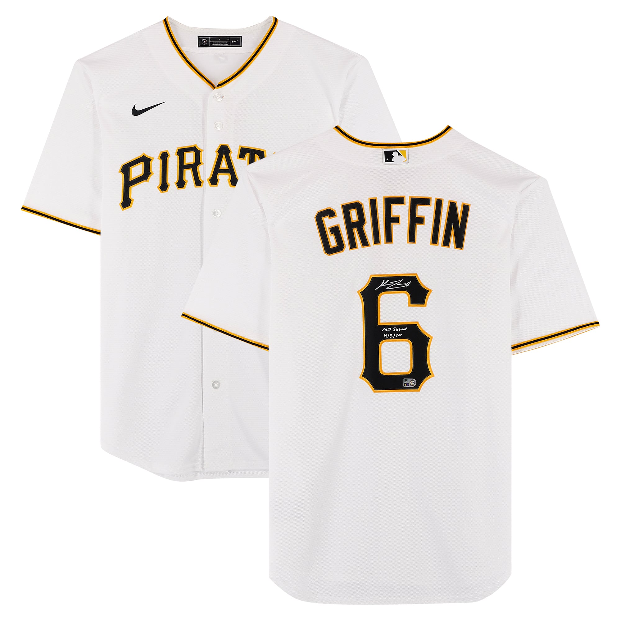 Konnor Griffin Pittsburgh Pirates Autographed White Nike Replica Jersey with "MLB Debut 4/3/26" Inscription