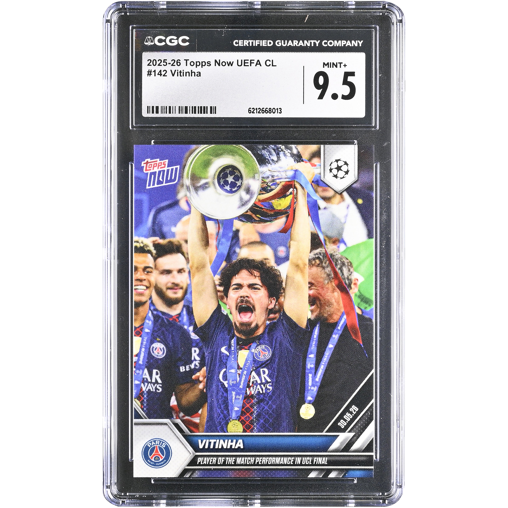 Vitinha Paris Saint-Germain 2025-26 Topps Now UEFA CL Player of the Match Performance in UCL Final #142 CGC Authenticated MINT+ 9.5 Card