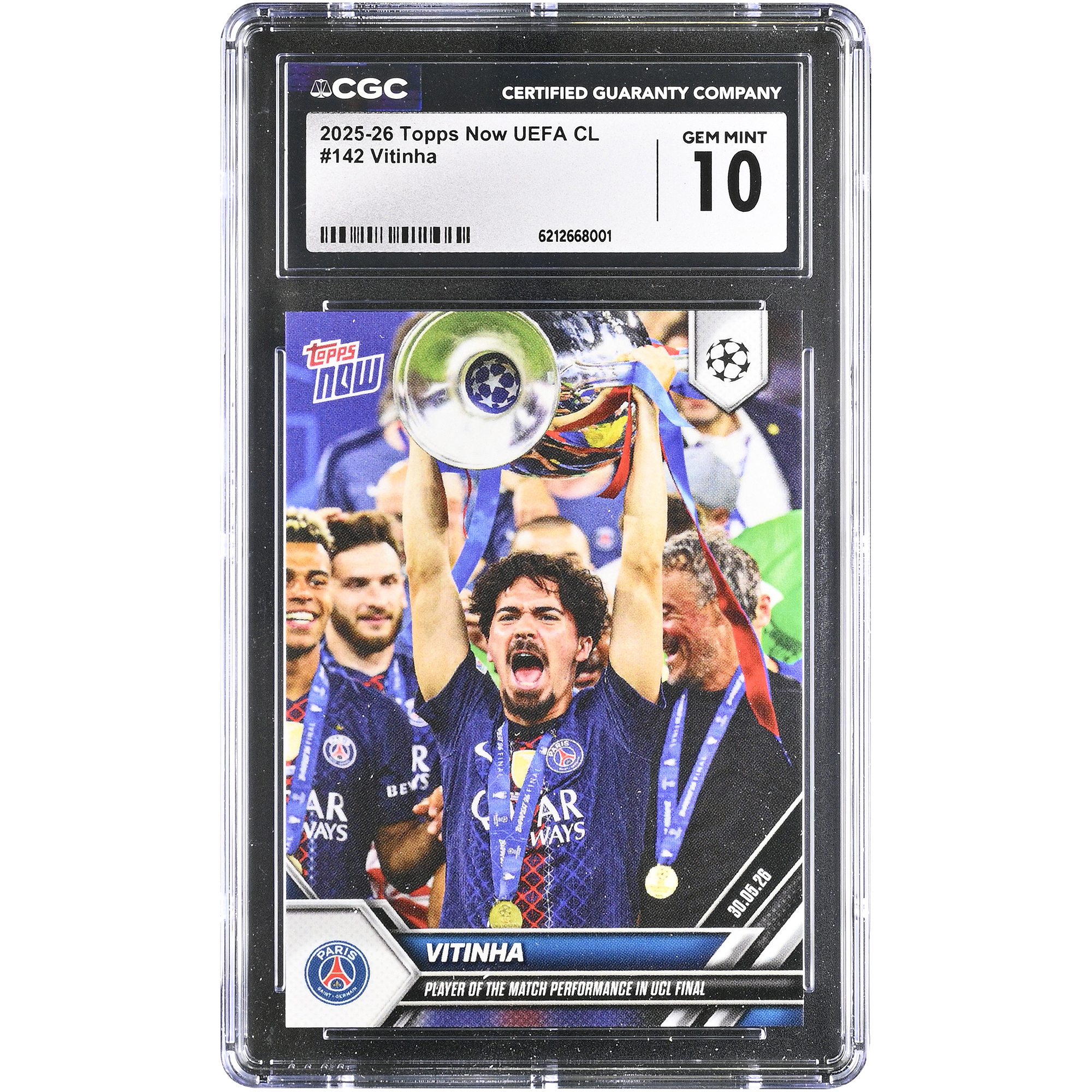Vitinha Paris Saint-Germain 2025-26 Topps Now UEFA CL Player of the Match Performance in UCL Final #142 CGC Authenticated GEM MINT 10 Card