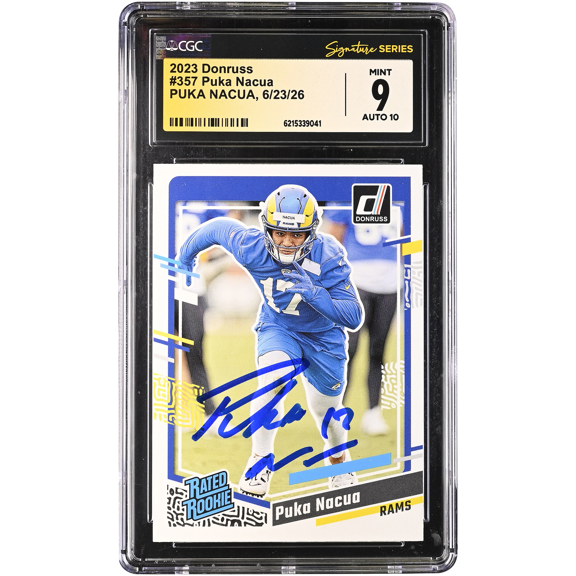 Puka Nacua Los Angeles Rams Autographed 2023 Panini Donruss #357 CGC Fanatics Witnessed Authenticated 9/10 Rookie Card. rookie card picture