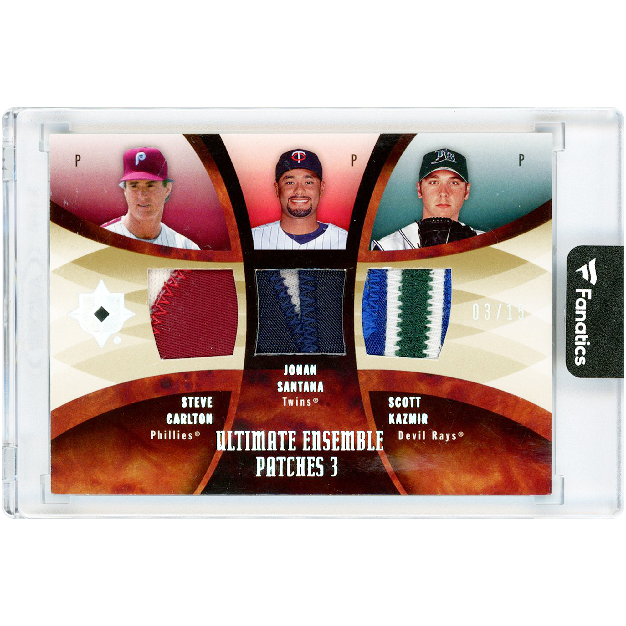 Steve Carlton, Johan Santana & Scott Kazmir 2007 Upper Deck Ultimate Collection Ultimate Ensemble Patches Triple 8 Color Game Used Jersey Relics #EP-CSK #3/15 Card