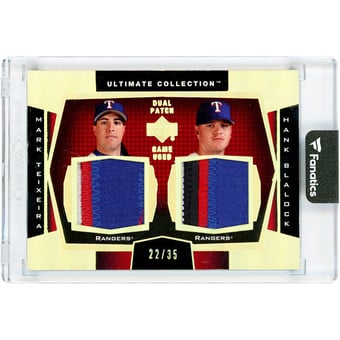 Mark Teixeira & Hank Blalock Texas Rangers 2003 Upper Deck Ultimate Collection Dual Patch Game Used Quad-Color Jersey Relics #DP-TB #22/35 Card