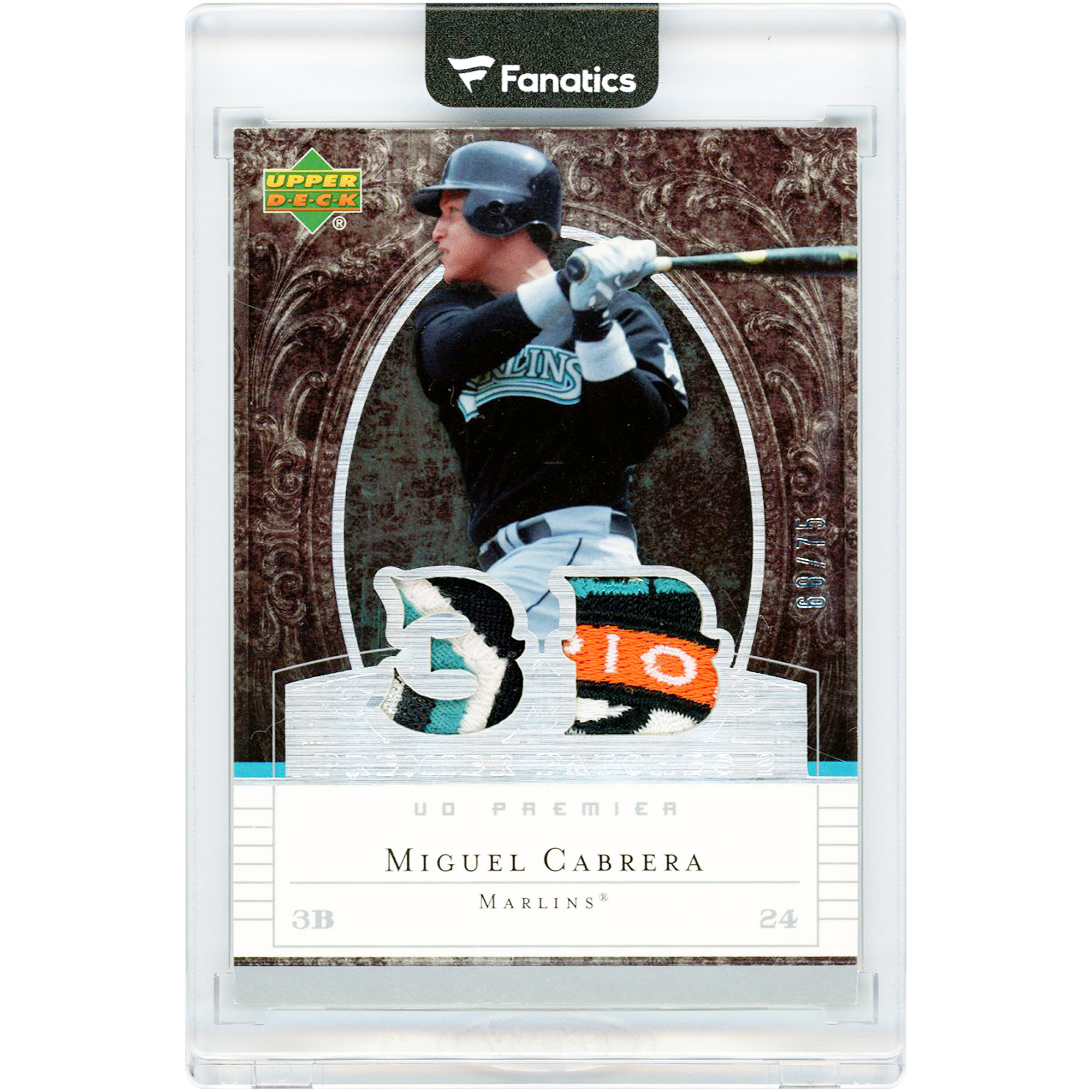 Miguel Cabrera Florida Marlins 2007 Upper Deck Premier Premier Patches Dual Quad-Color Game Used Jersey Relics #PP2-MC #68/75 Card