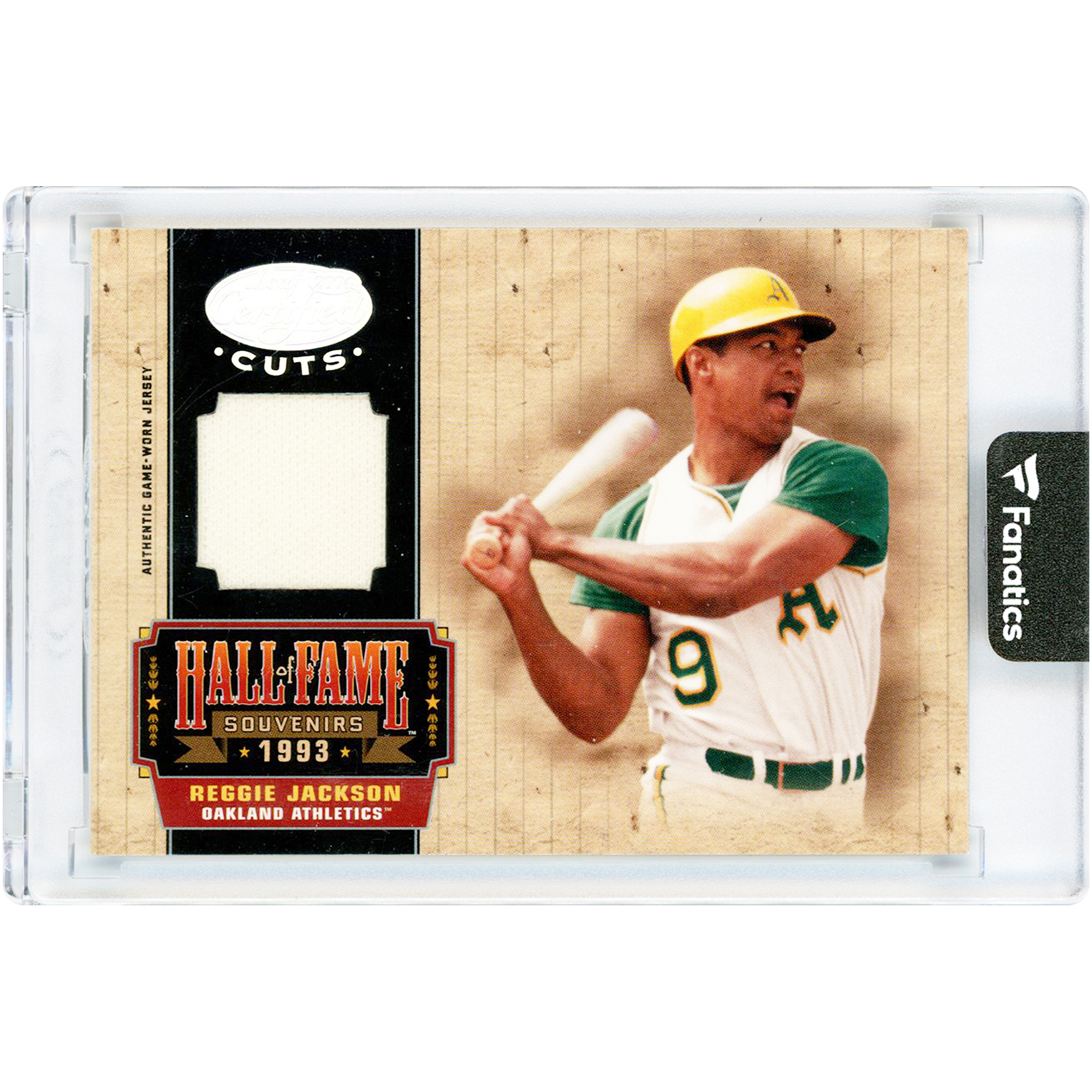 Reggie Jackson Athletics 2004 Donruss Leaf Certified Cuts Hall Of Fame Souvenirs Game Used Jersey Relic #HOF-11 #1/25 Card