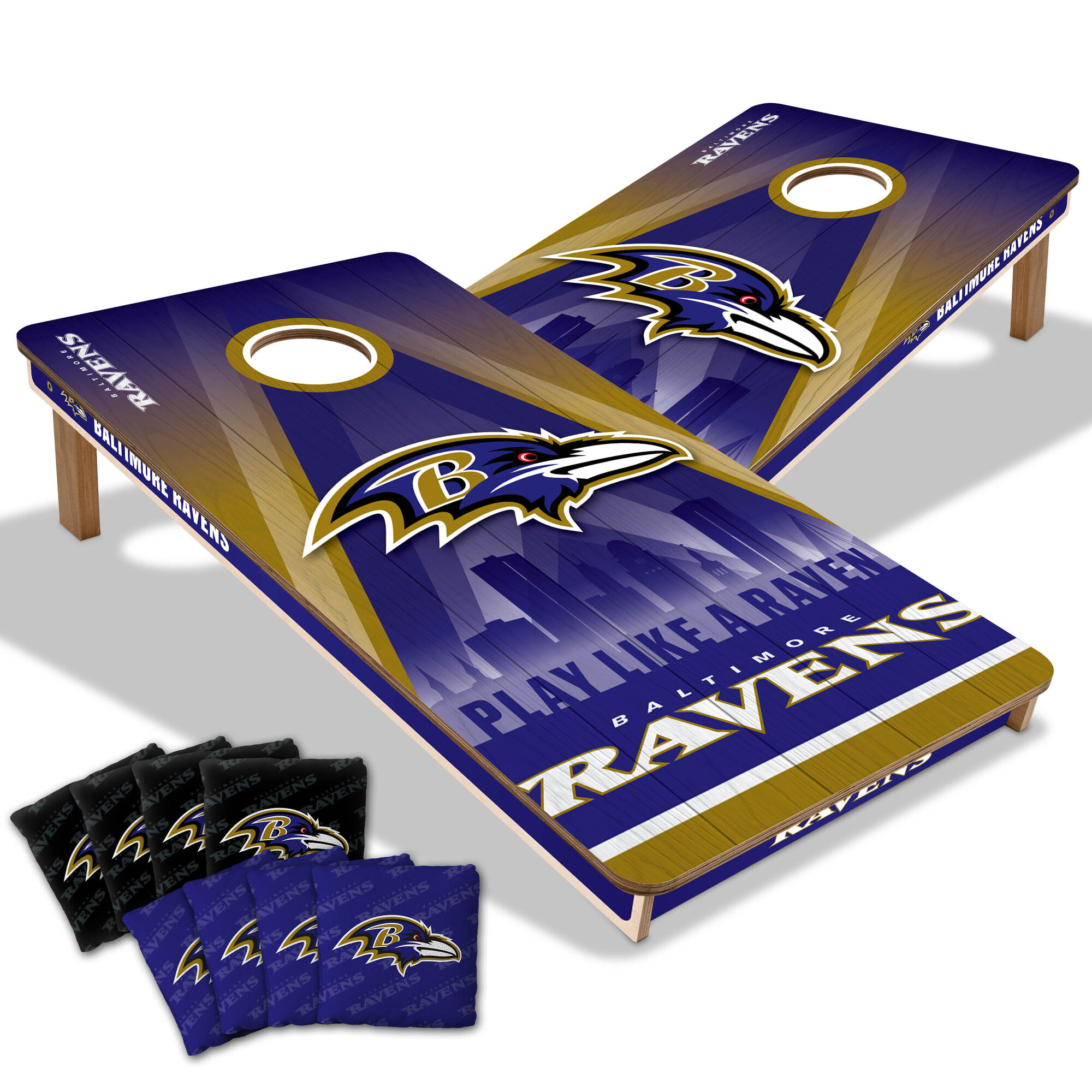 Fanpoint Baltimore Ravens 2' x 4' City Scape Wood Cornhole Game with Bags