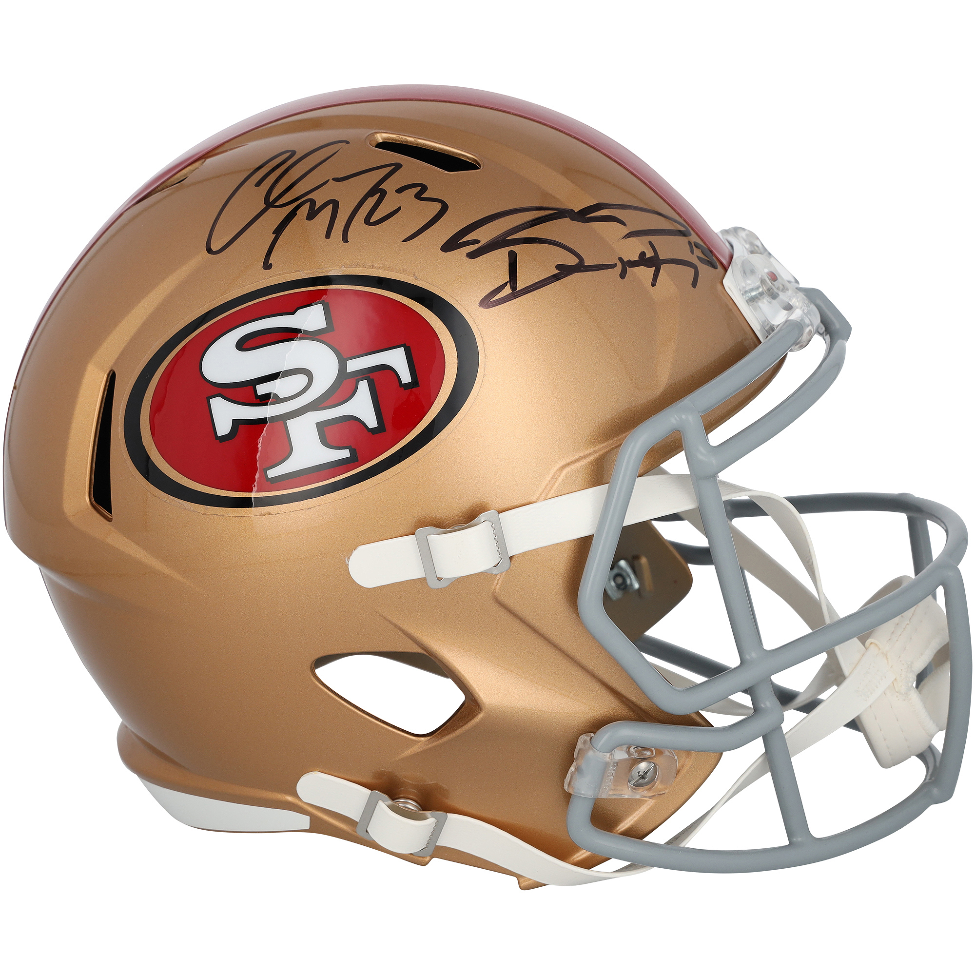 Brock Purdy & Christian McCaffrey San Francisco 49ers Autographed Riddell Speed Replica Helmet