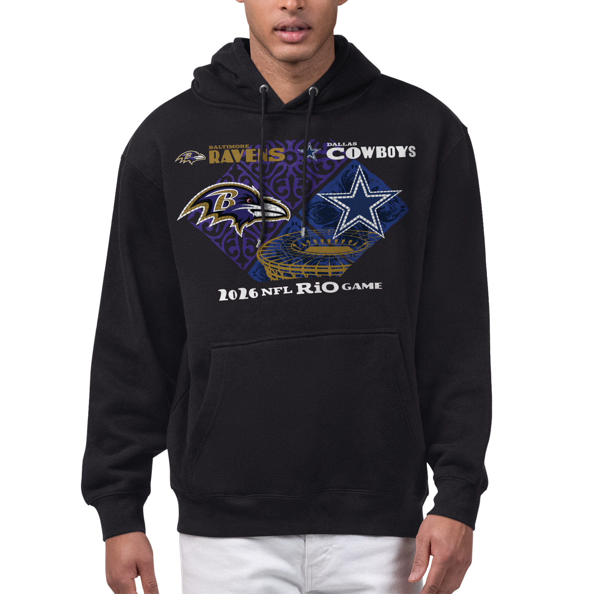 Men's Starter Black Baltimore Ravens vs. Dallas Cowboys Rio 2026 Matchup Graphic Fleece Hoodie