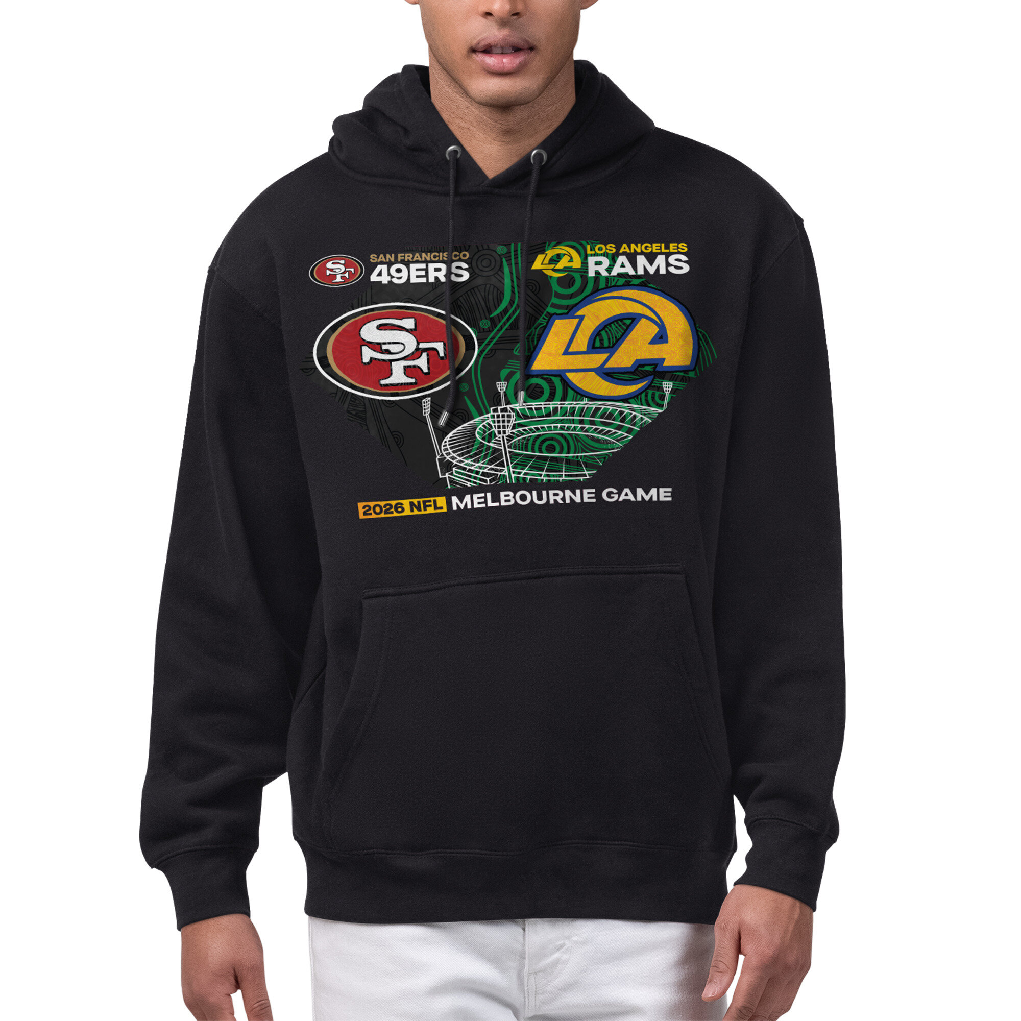 Men's Starter Black San Francisco 49ers vs. Los Angeles Rams Melbourne 2026 Matchup Graphic Fleece Hoodie