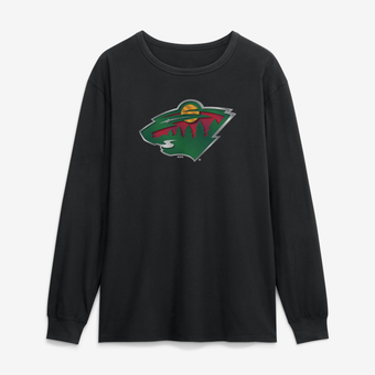 Men's Black Minnesota Wild  Metallic Mascot Long Sleeve T-Shirt