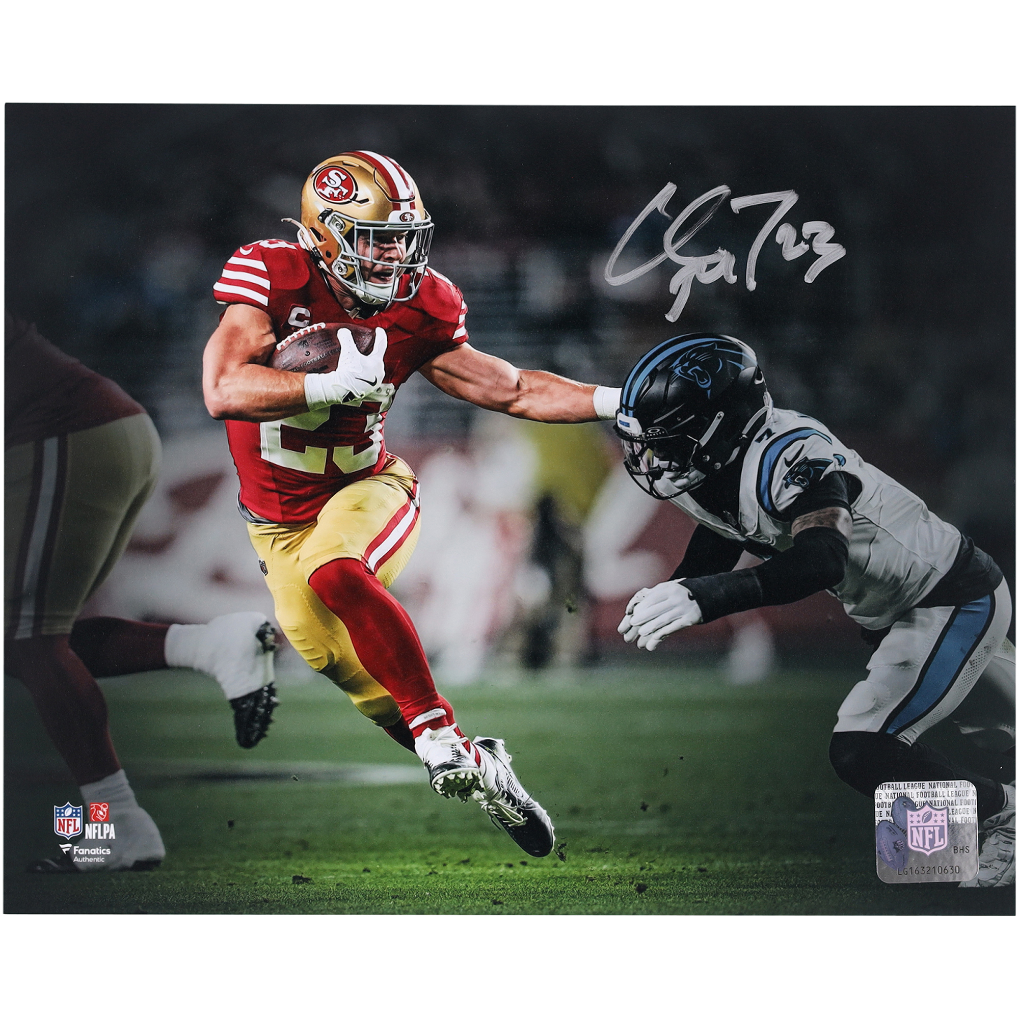 Christian McCaffrey San Francisco 49ers Autographed 8" x 10" Stiff Arm vs. Carolina Panthers Spotlight Photograph