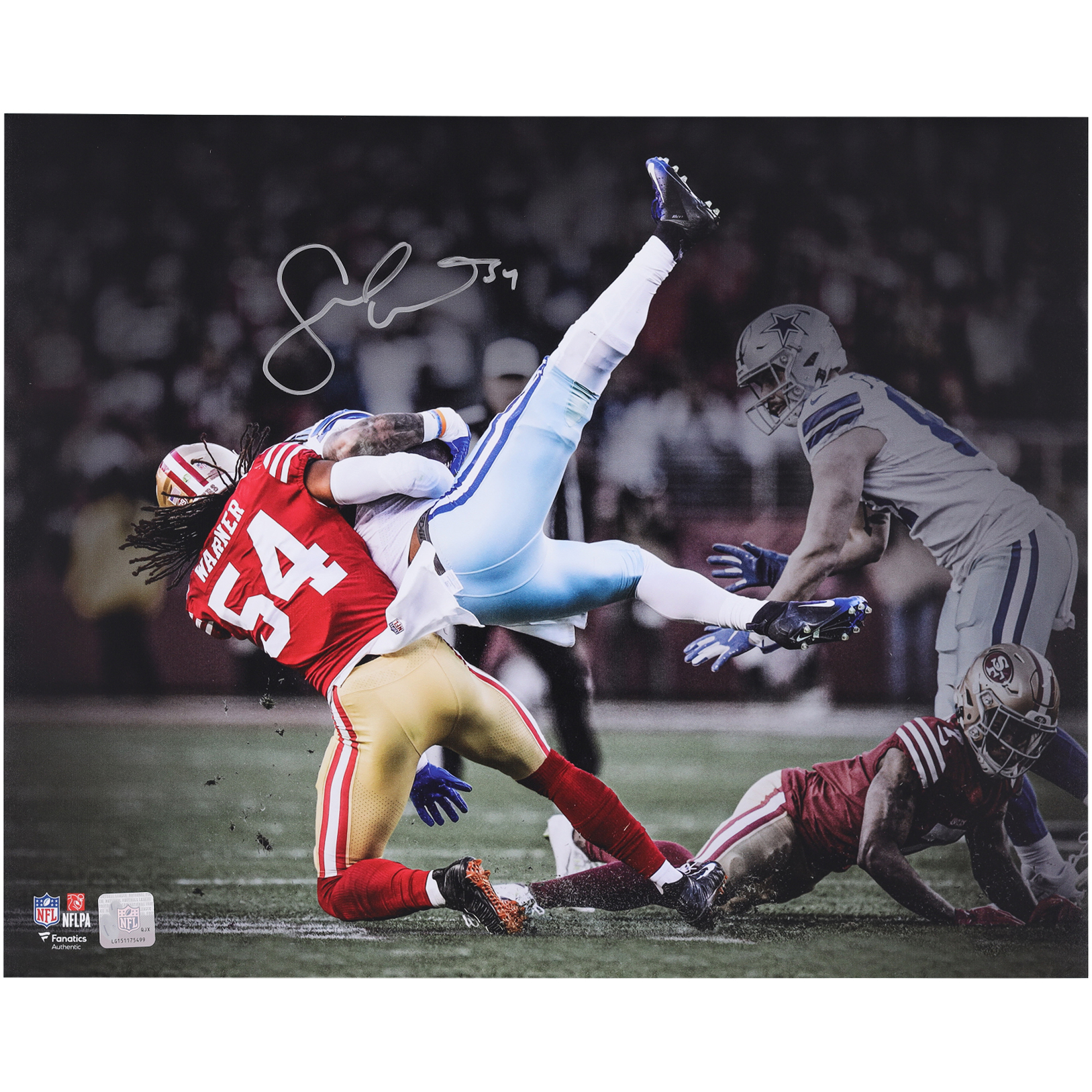 Fred Warner San Francisco 49ers Autographed 16" x 20" Tackle vs. Dallas Cowboys Spotlight Photograph