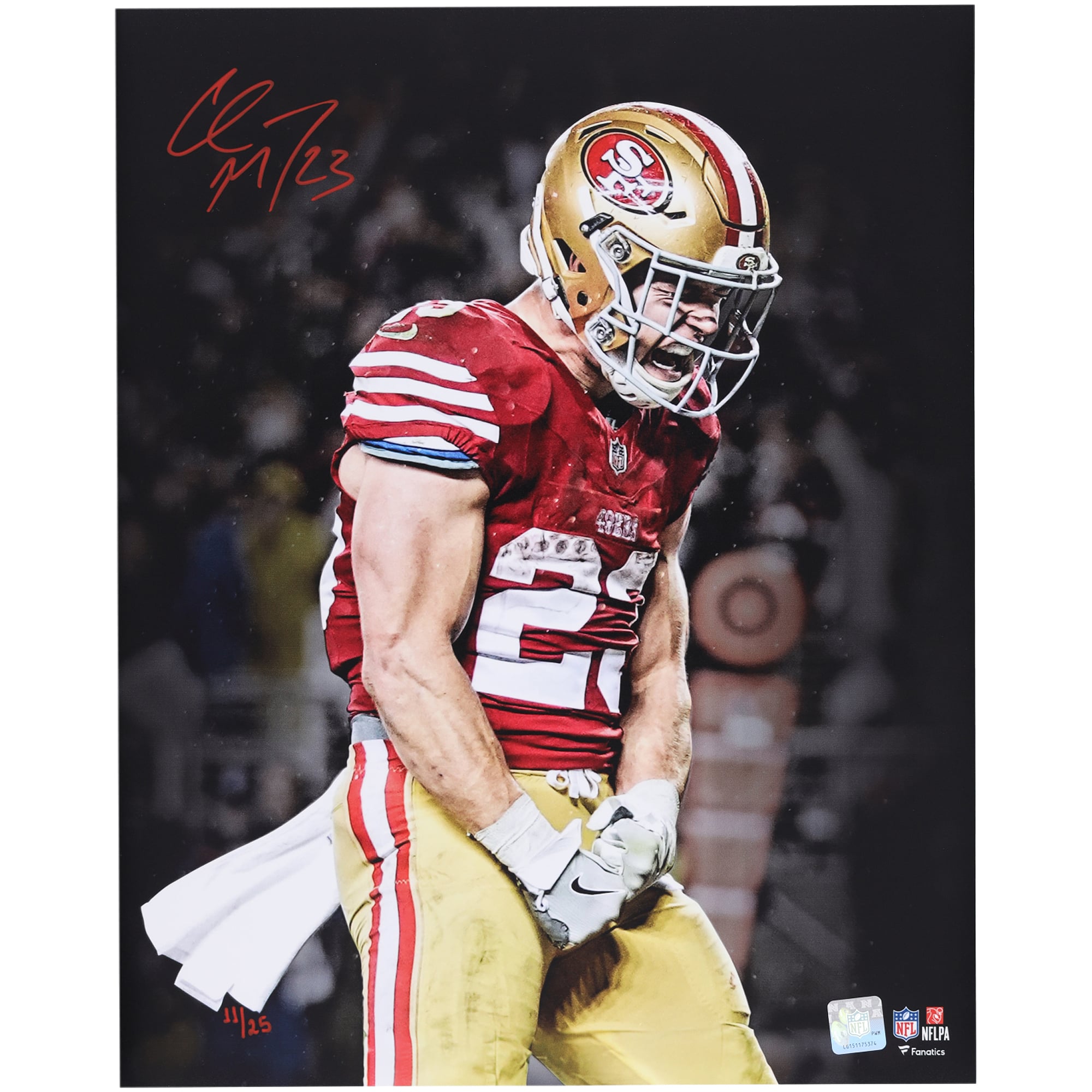 Christian McCaffrey San Francisco 49ers Autographed 16" x 20" Unleashed Black Spotlight Photograph with Red Signature - Limited Edition of 25