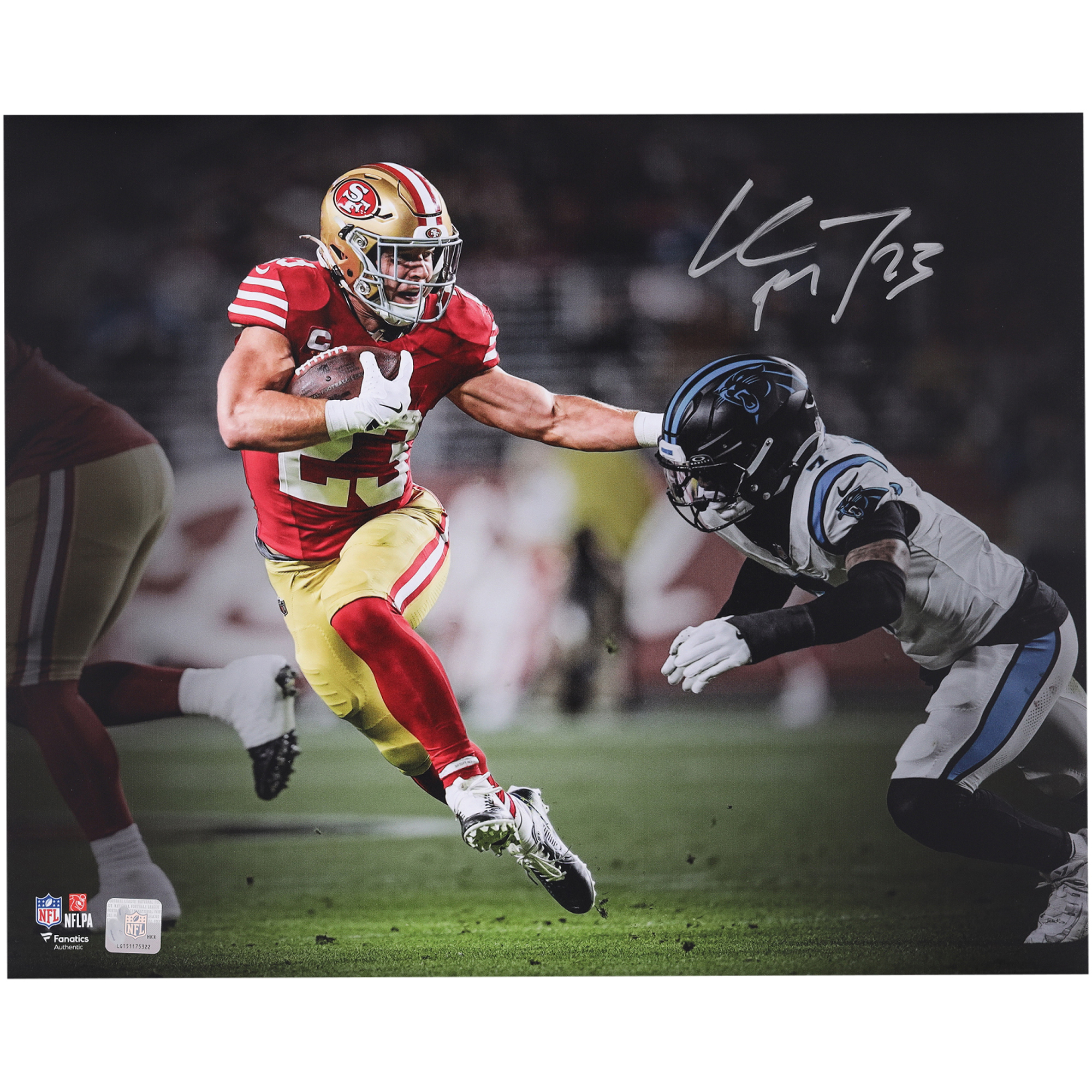 Christian McCaffrey San Francisco 49ers Autographed 16" x 20" Stiff Arm vs. Carolina Panthers Spotlight Photograph