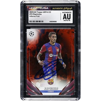 Raphinha Barcelona Autographed 2023-24 Topps UEFA CC Inferno Foil #76 CGC Authenticated Auto 10 Card