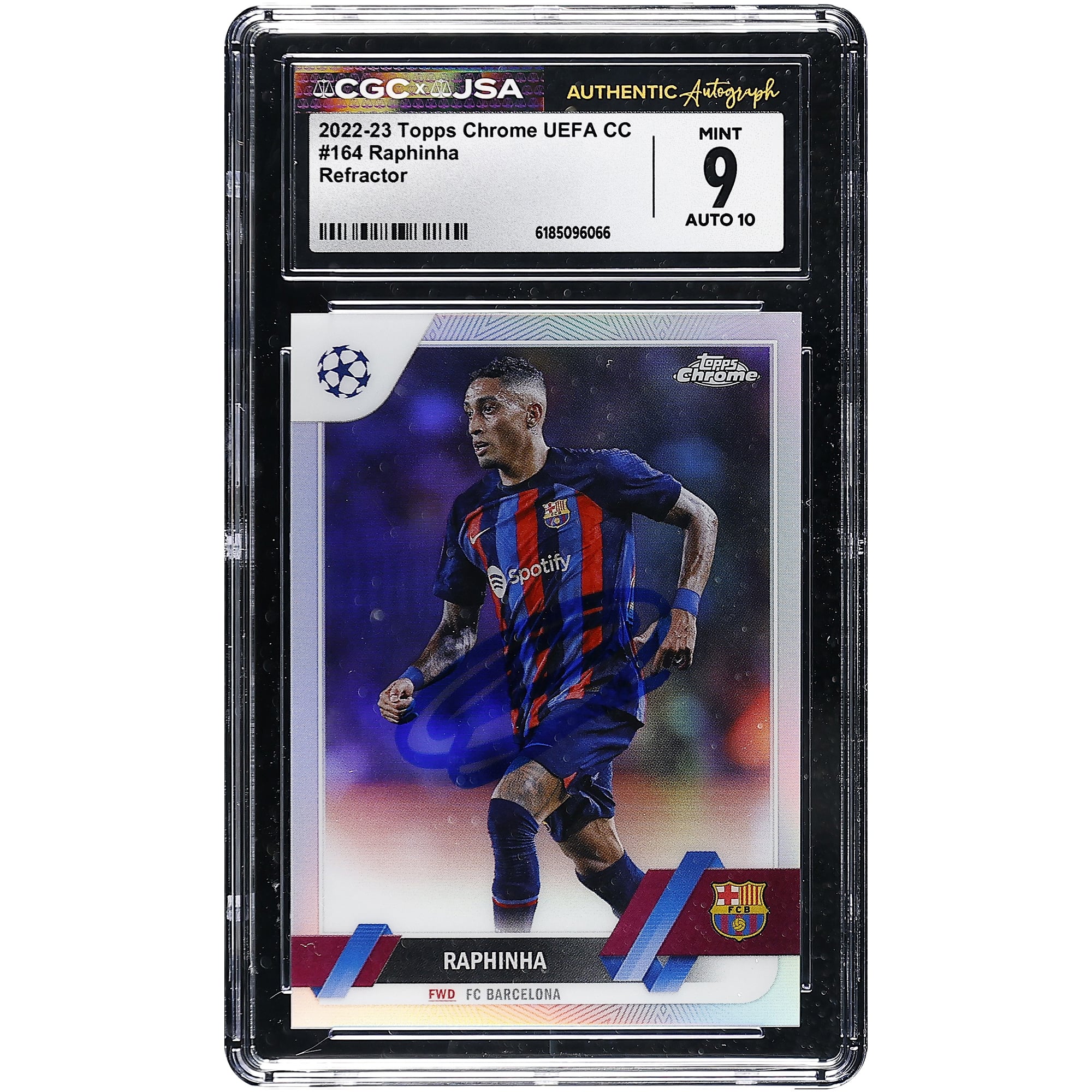 Raphinha Barcelona Autographed 2022-23 Topps Chrome UEFA CC Refractor #164 CGC Authenticated 9/10 Card