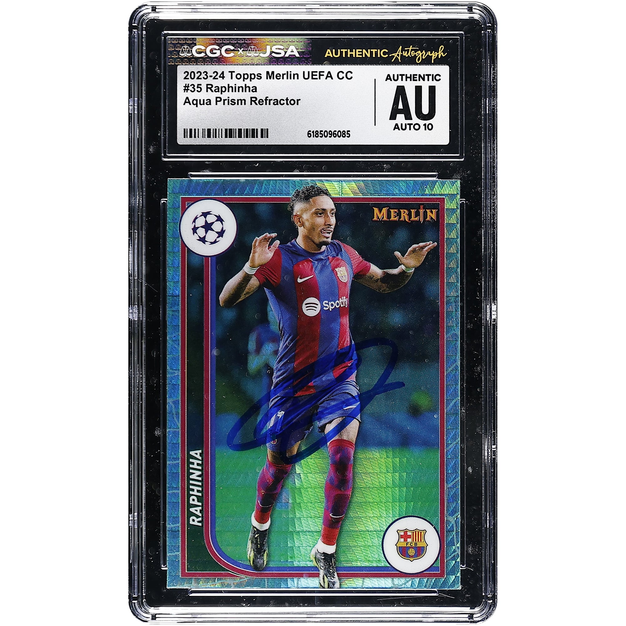 Raphinha Barcelona Autographed 2023-24 Topps Merlin UEFA CC Aqua Prism Refractor #35 CGC Authenticated Auto 10 Card